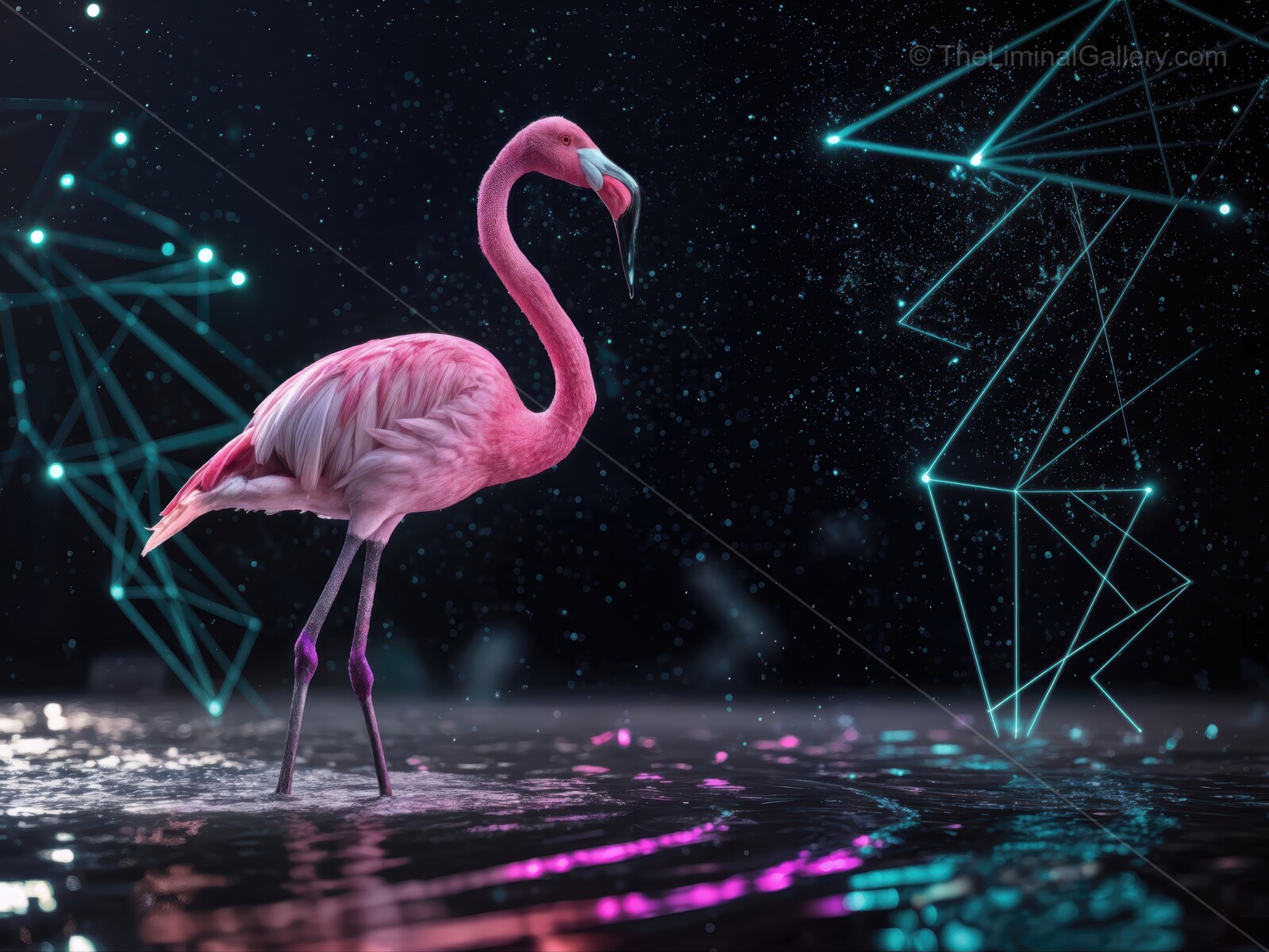 Flamingo stands gracefully in glowing water with vibrant geometric shapes at night