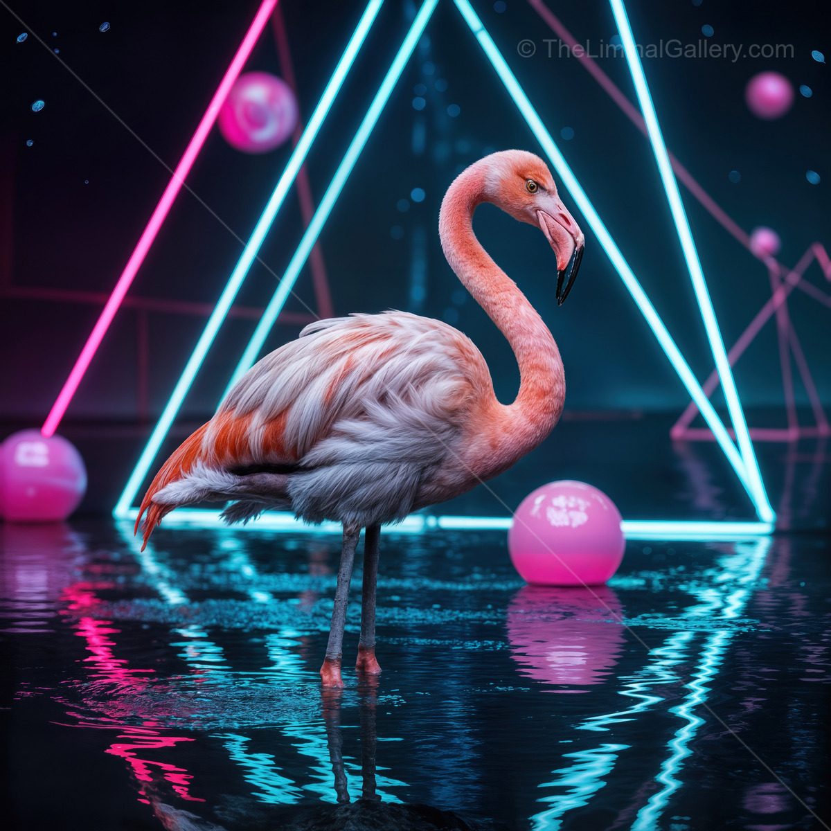 Flamingo stands gracefully amidst vibrant neon lights and geometric shapes in a serene water setting
