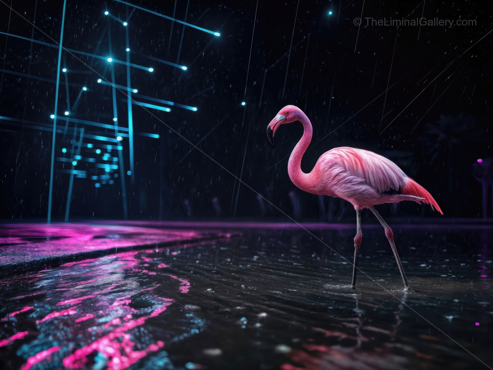 Flamingo wades through vibrant rain-soaked scene illuminated by neon lights at night