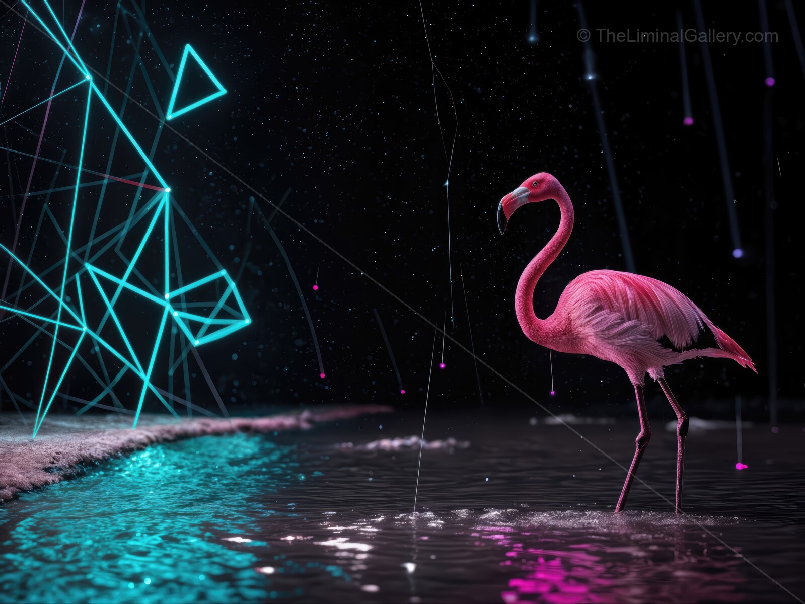 Vibrant flamingo stands gracefully in shimmering water beneath a canopy of neon lights