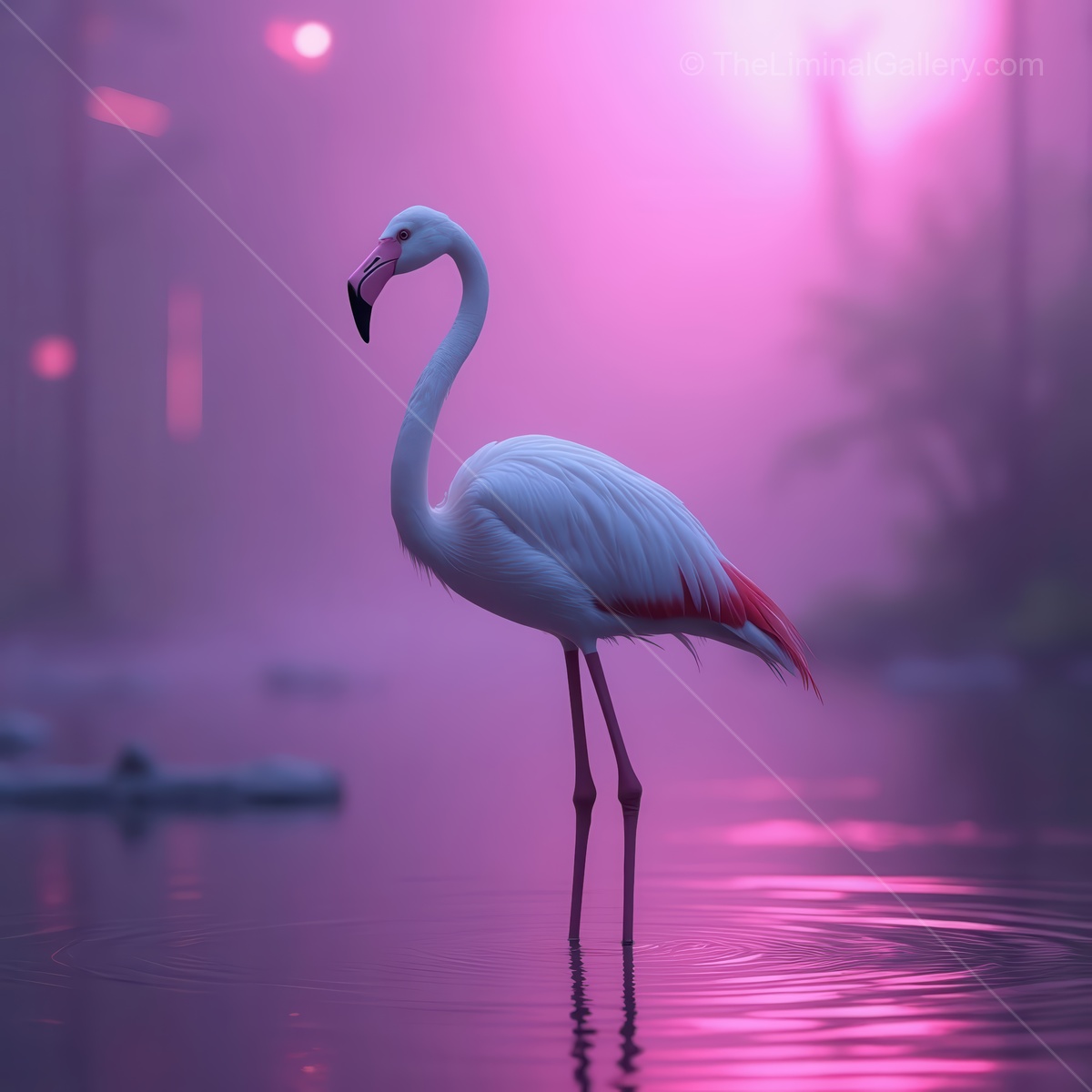 Flamingo stands gracefully in tranquil waters under a dreamy pink haze