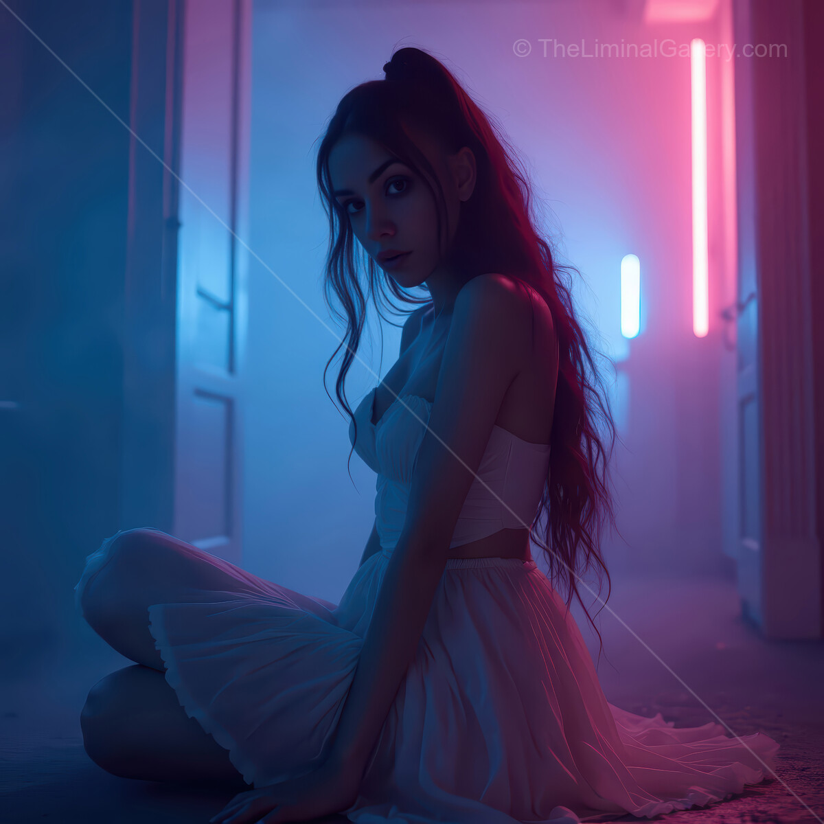 Captivating woman in a foggy corridor illuminated by neon lights at twilight