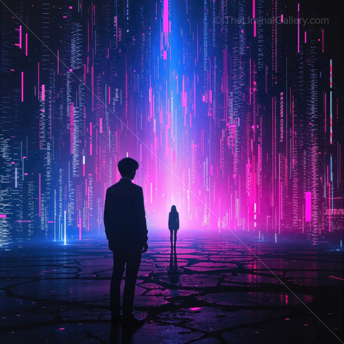Modern figures in a futuristic cityscape filled with vibrant data streams and glowing lights at night
