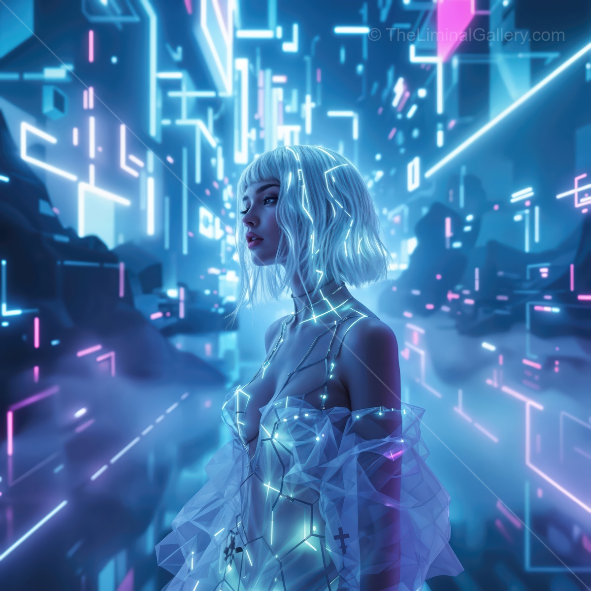 Futuristic cityscape with a neon-lit silhouette showcasing a blend of technology and fashion in a surreal environment