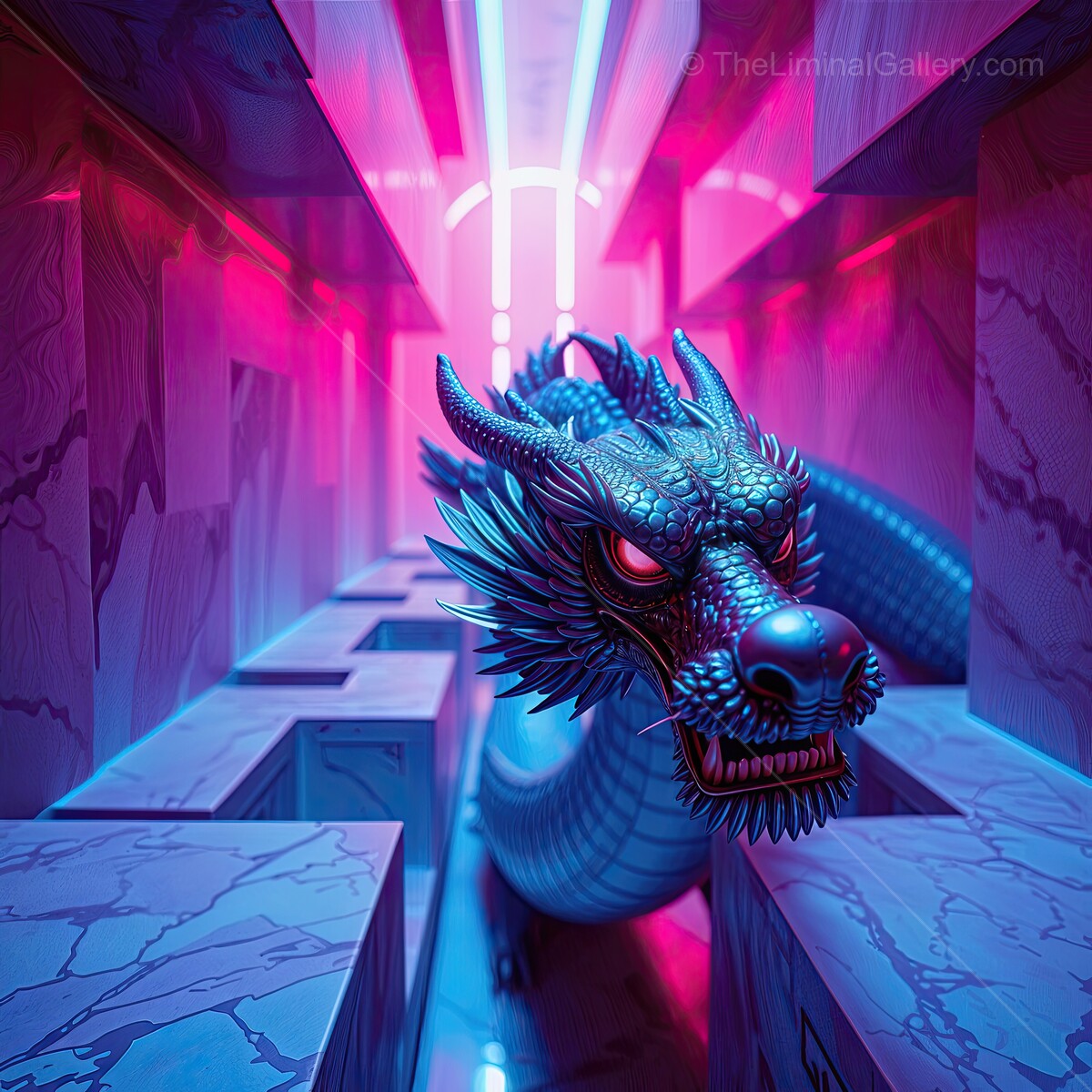 Futuristic dragon emerges from a vibrant liminal maze of neon lights during a surreal digital exploration