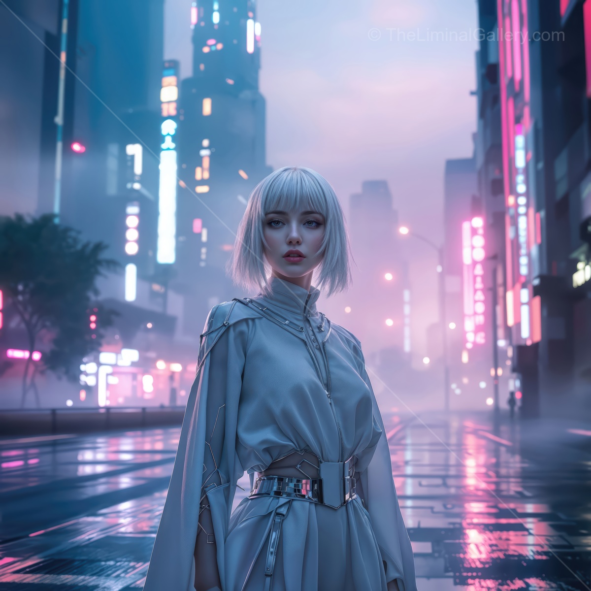 Vibrant cityscape with a futuristic character in a neon-lit street at twilight