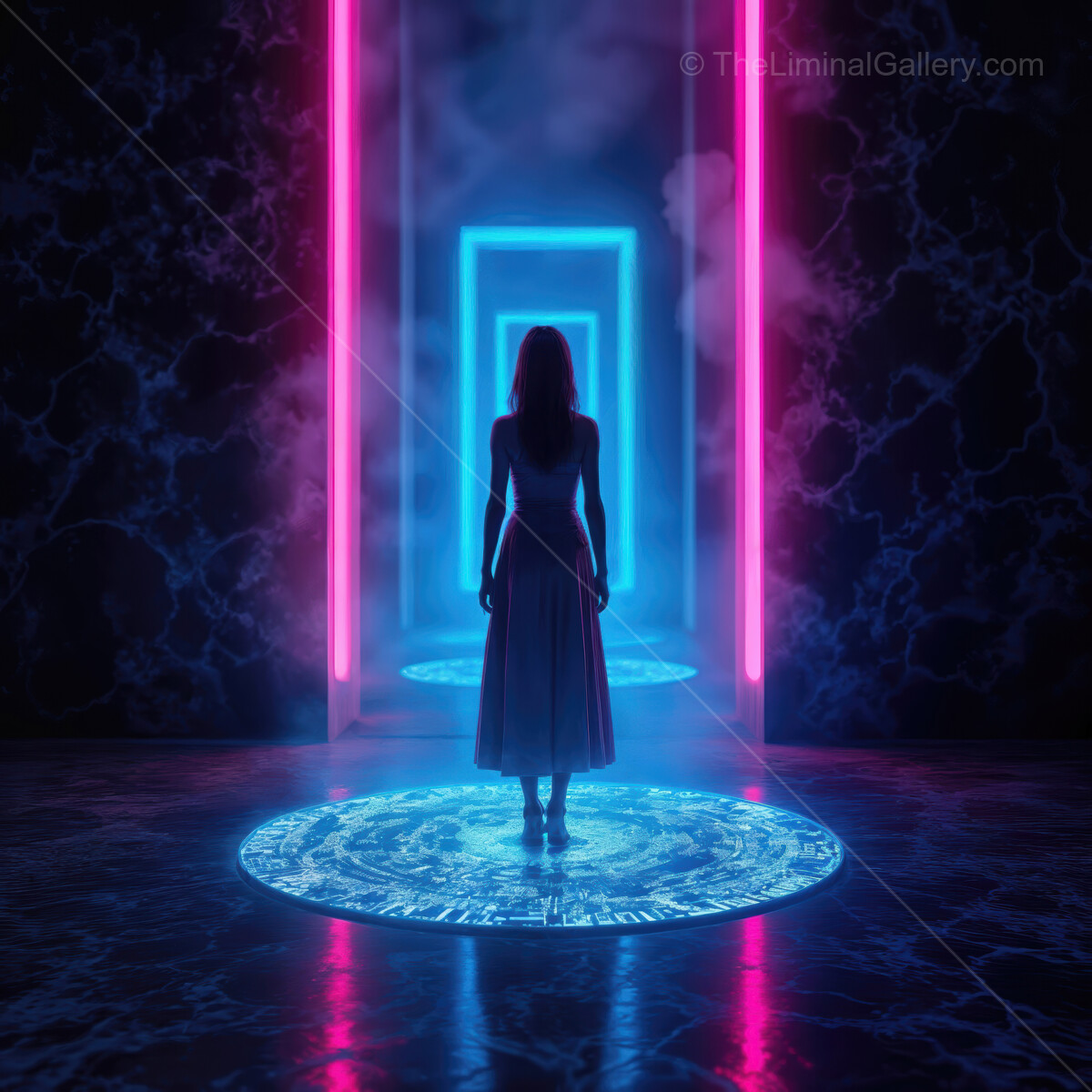 Mysterious figure stands before glowing portals in a surreal, futuristic setting