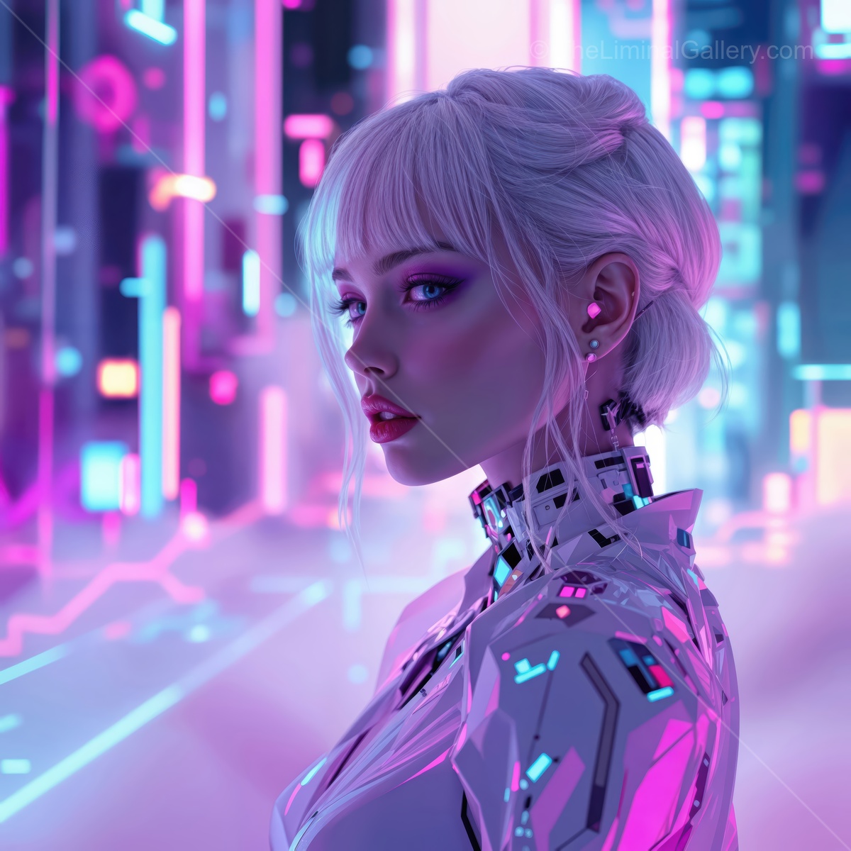 Futuristic woman with short white hair in a vibrant neon cityscape at dusk