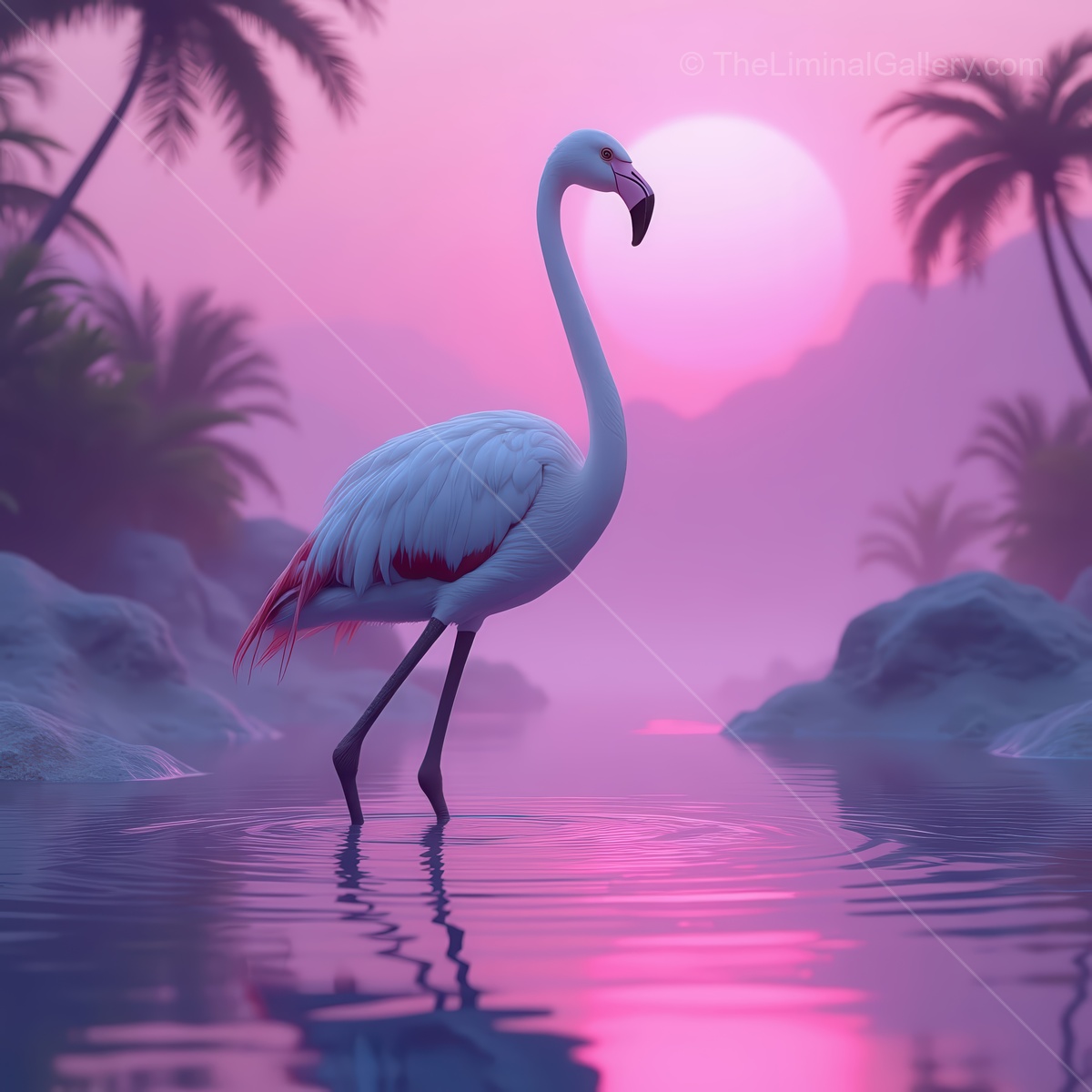 Graceful white flamingo standing in tranquil waters at sunset, surrounded by tropical palm trees and pastel skies