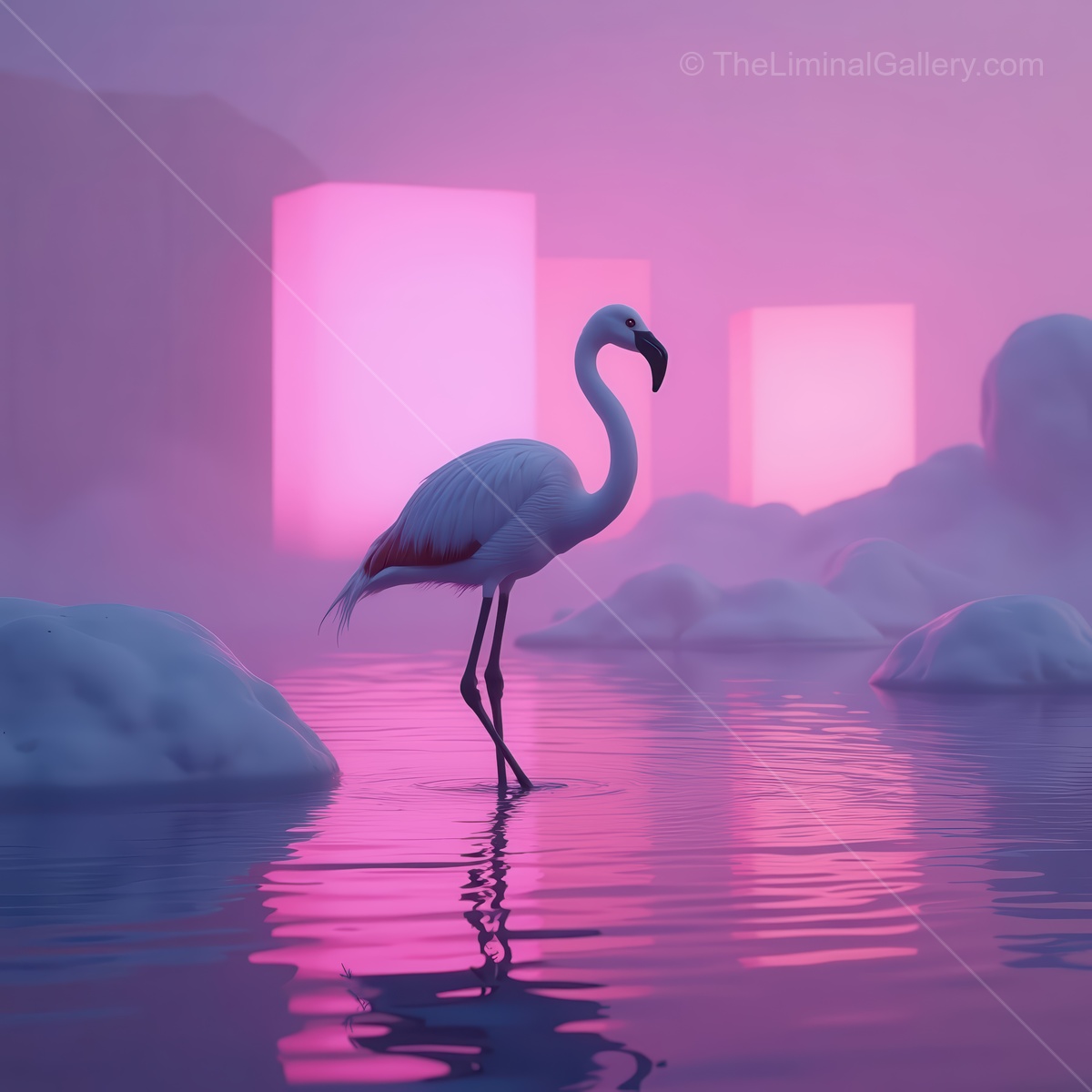 A graceful white flamingo wades through a serene lagoon beneath enchanting pink hues at twilight