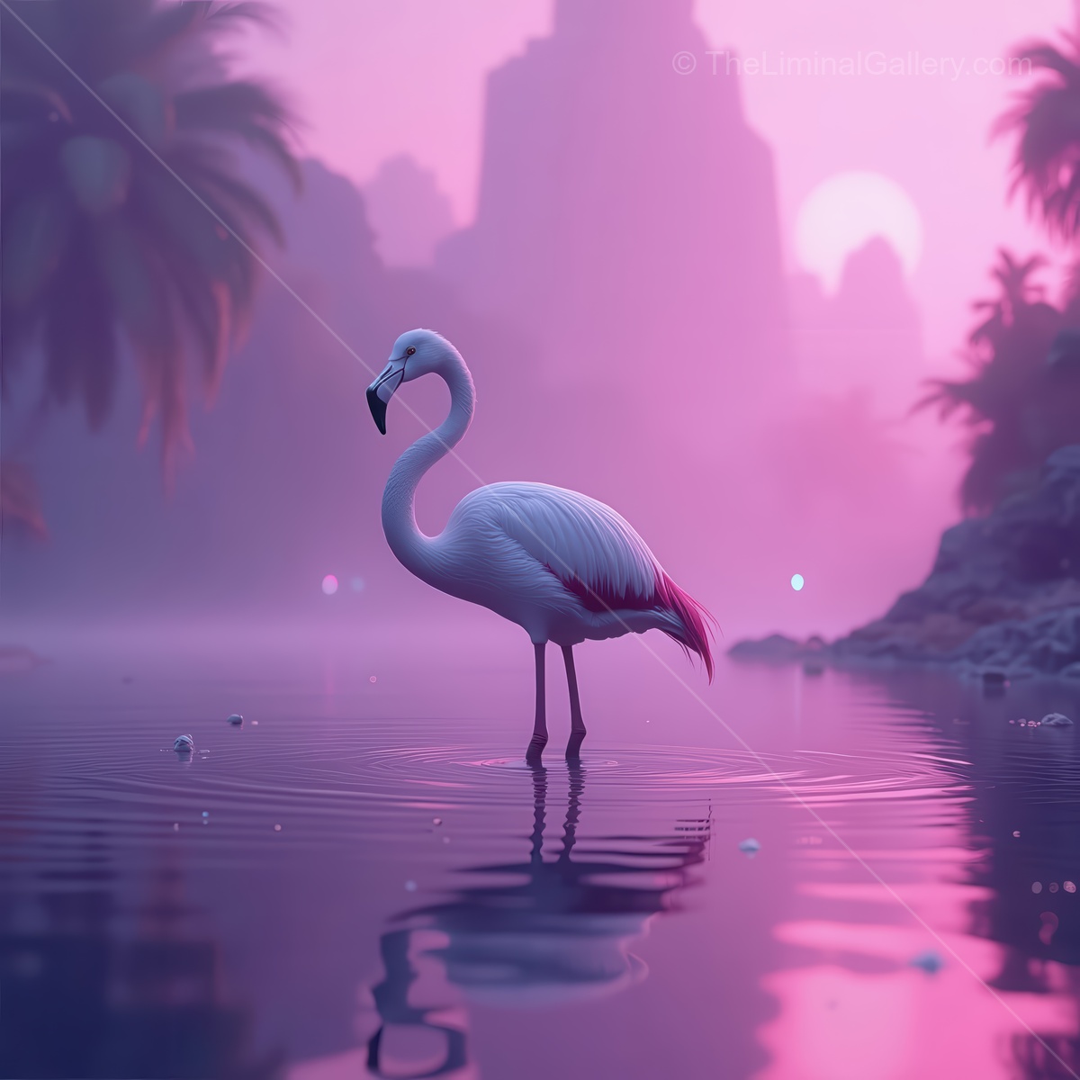 Graceful white flamingo stands in tranquil waters at twilight under a vibrant pink sky