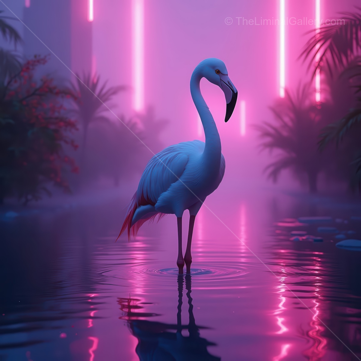 Majestic white flamingo standing gracefully in tranquil waters beneath glowing neon lights at dusk
