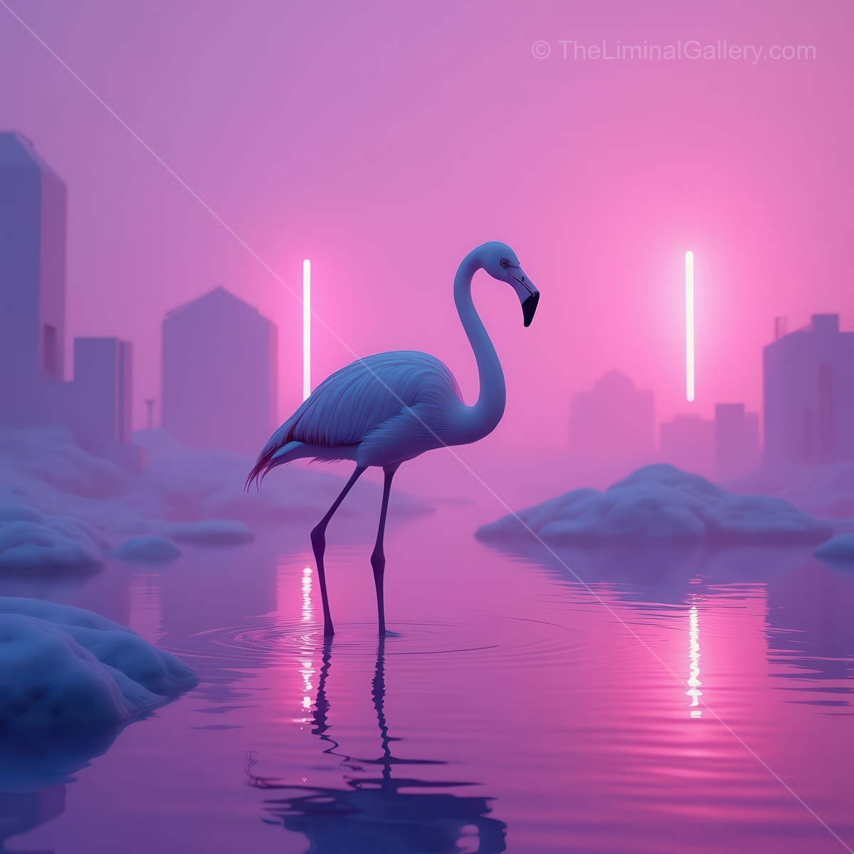 Majestic white flamingo stands gracefully in serene waters under a vibrant twilight sky filled with neon reflections and soft mist