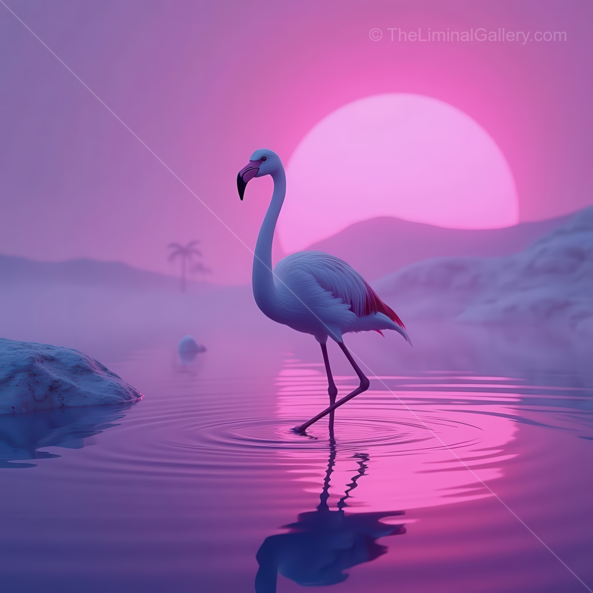 Majestic white flamingo stands gracefully in serene waters at sunset, reflecting vibrant hues of pink and purple