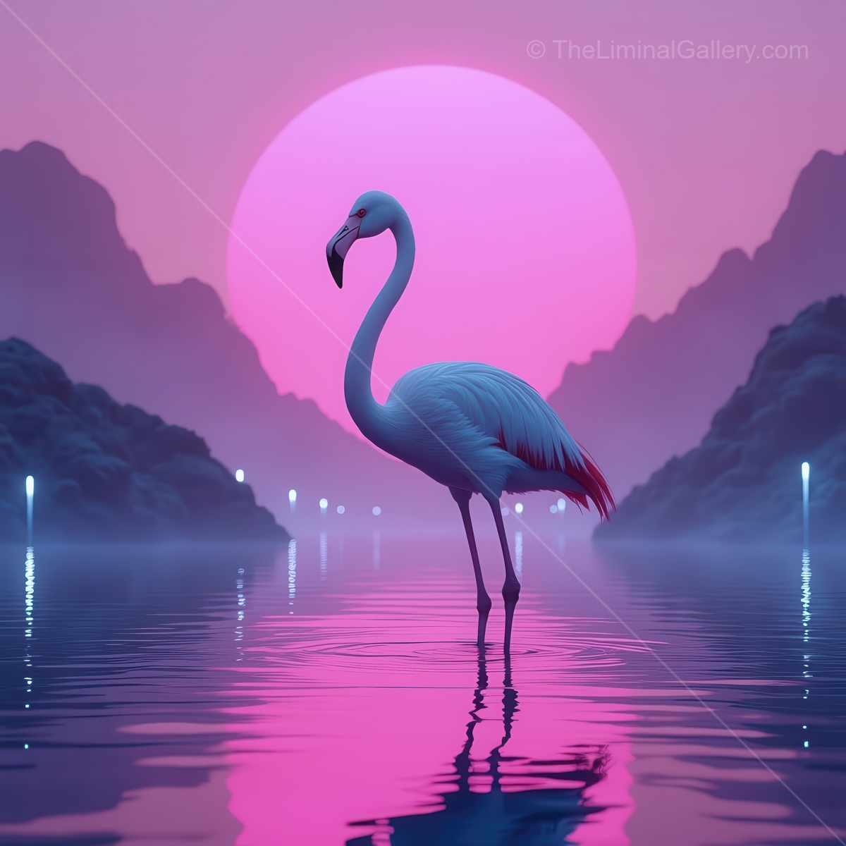 Majestic white flamingo stands elegantly in tranquil waters under a stunning sunset glow