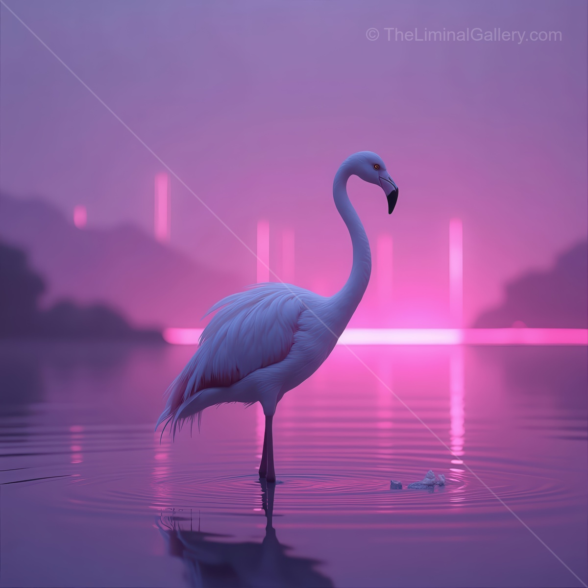 Majestic white flamingo stands gracefully in calm waters at twilight