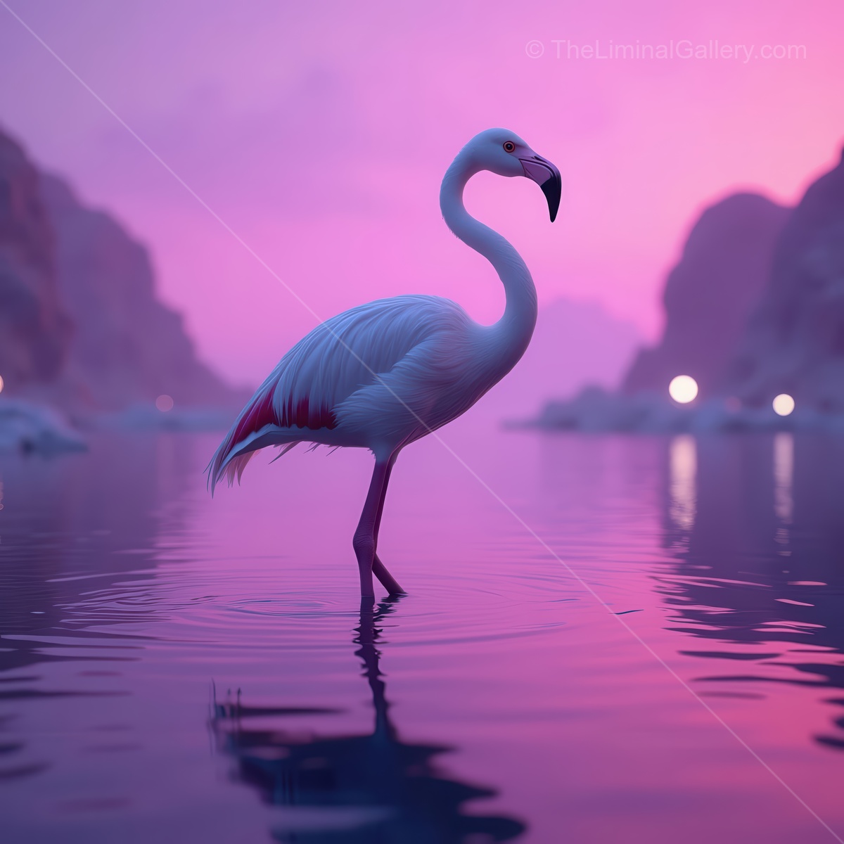 Majestic white flamingo stands gracefully in serene waters under a stunning twilight sky