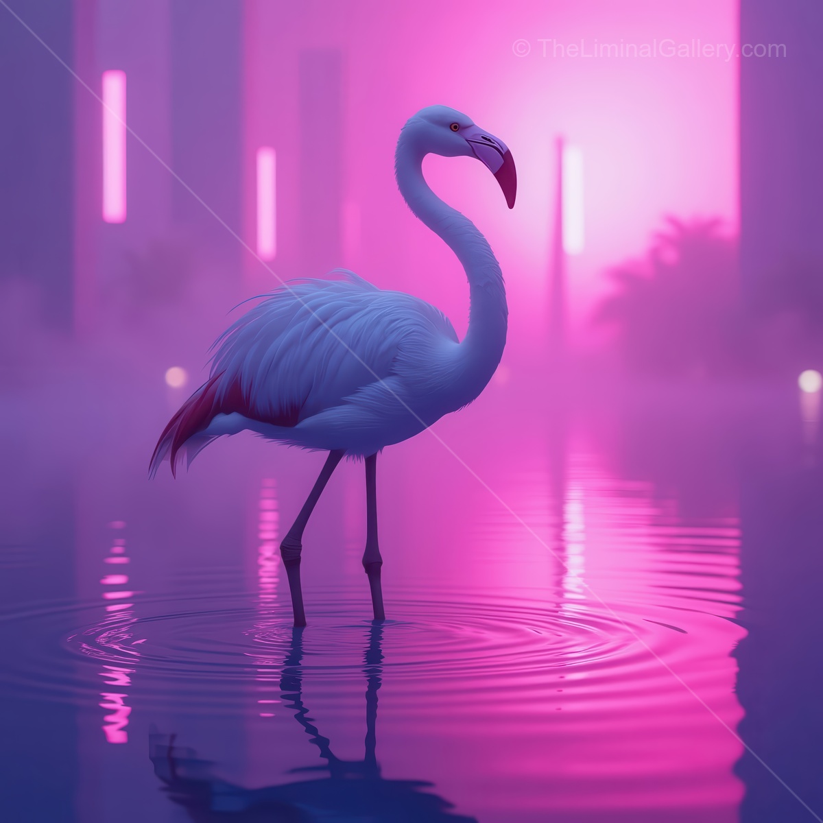 Majestic white flamingo glimmering in a vibrant twilight setting near a serene water surface