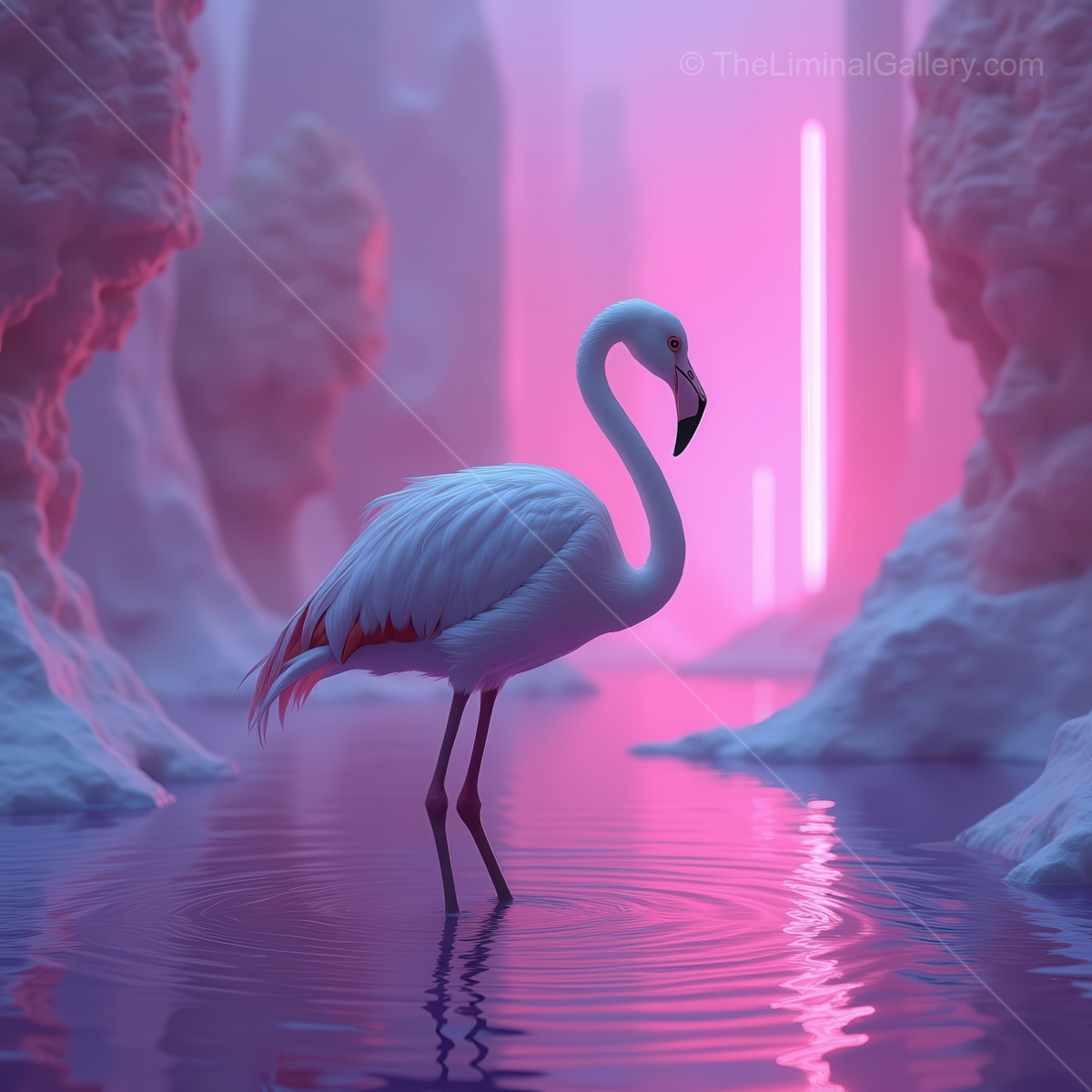Majestic white flamingo wading through vibrant waters under a surreal twilight glow