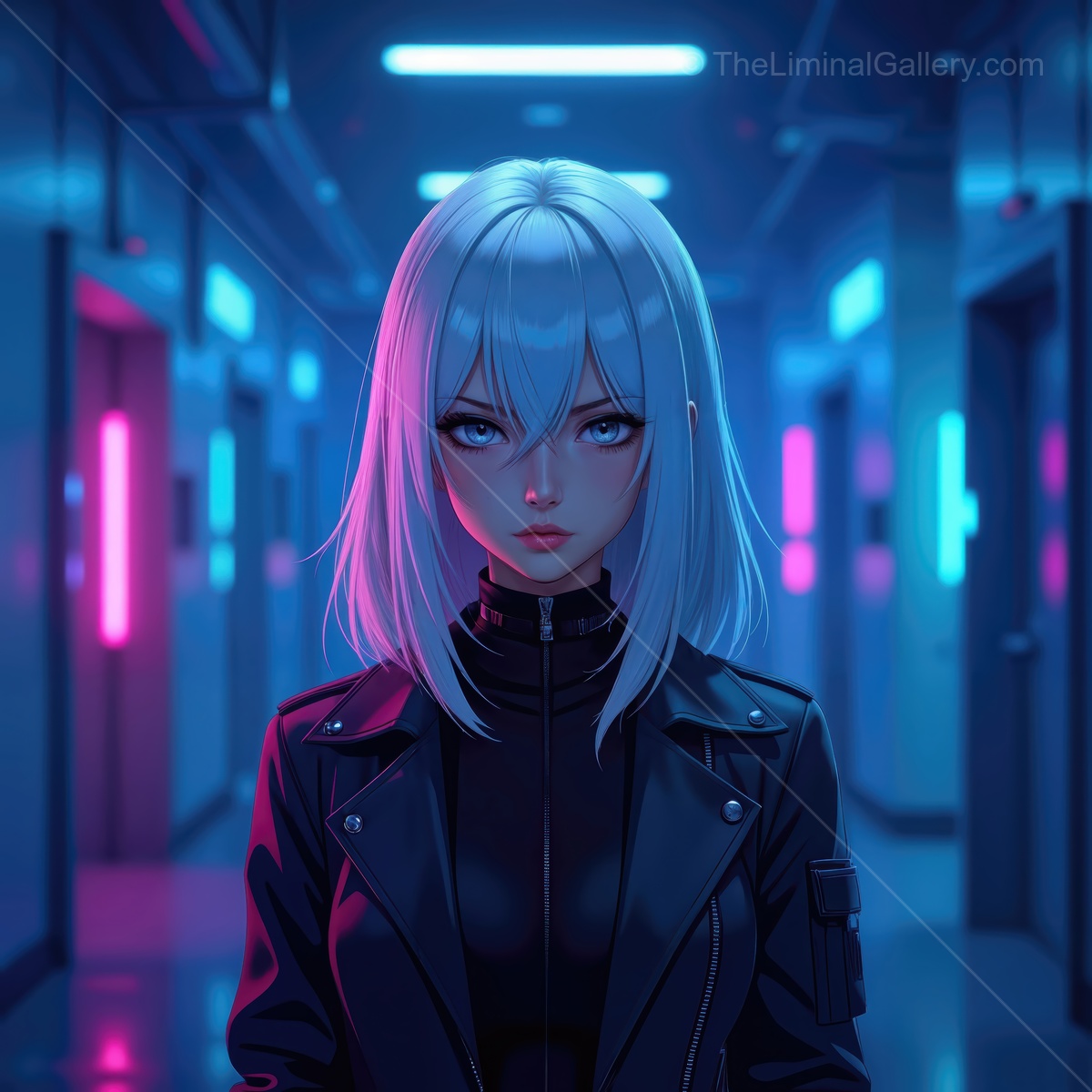 Mysterious figure in futuristic hallway with neon lights creates an intriguing atmosphere
