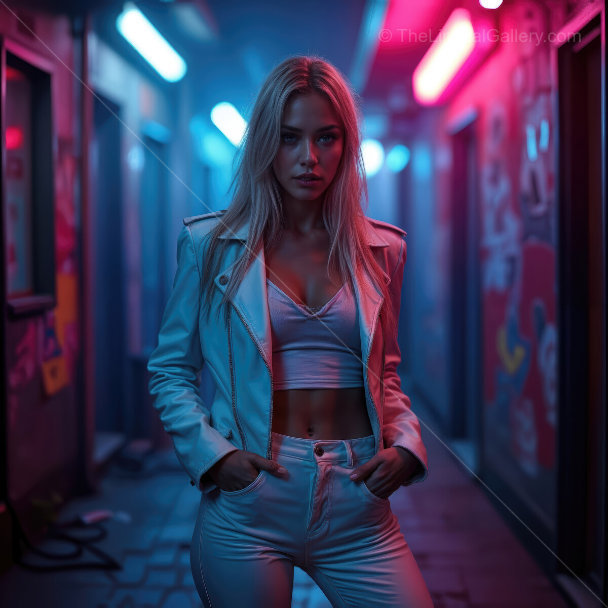 Striking beauty in a neon-lit alleyway at night showcasing urban fashion and vibrant energy