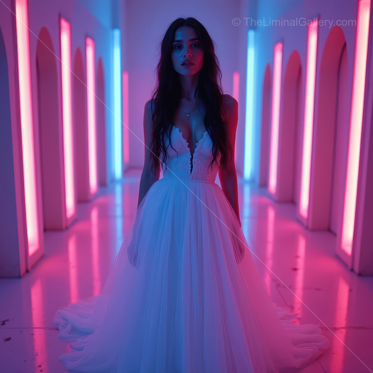 Ethereal bridal elegance captured in a vibrant corridor with neon lights at twilight