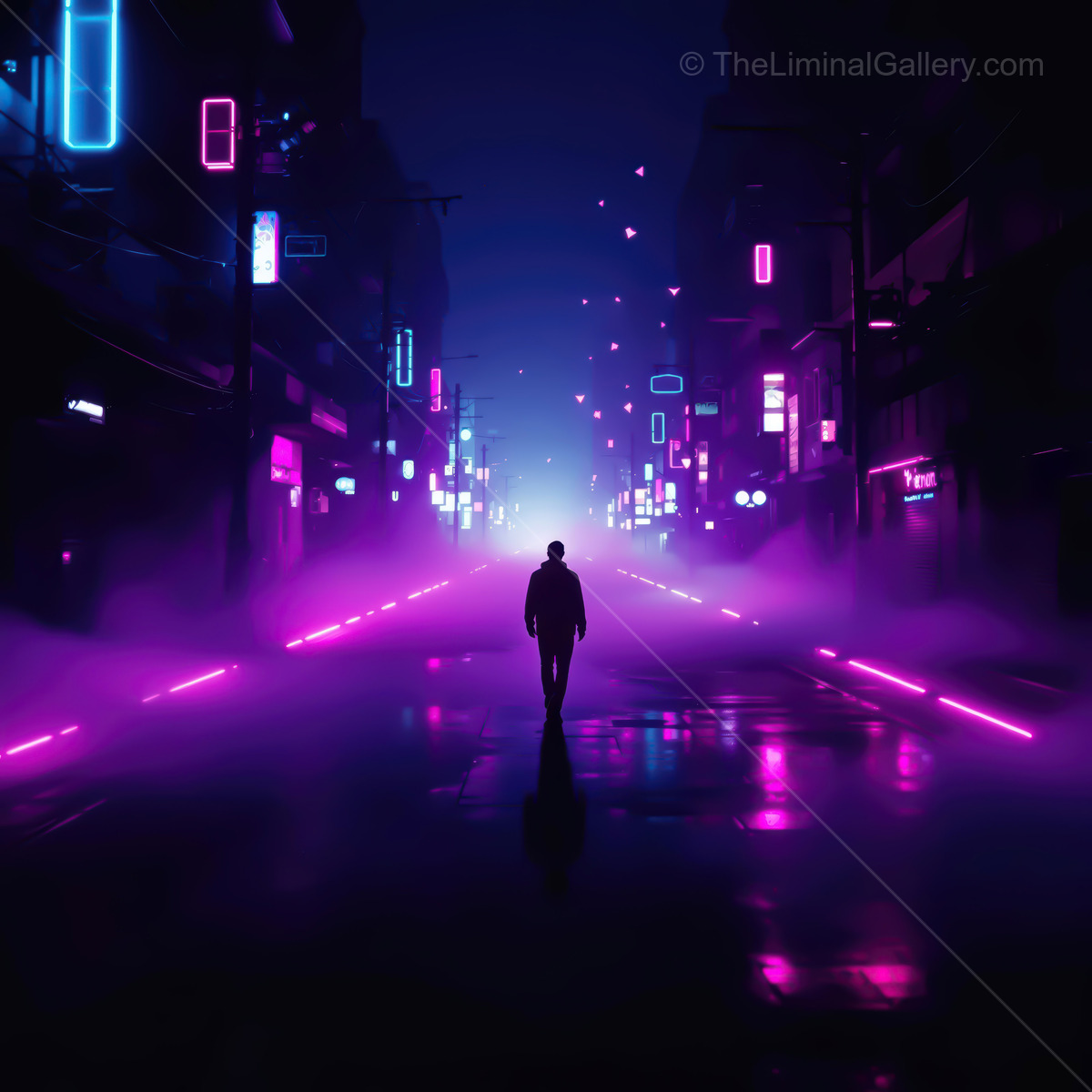 Neon-lit streets evoke a sense of mystery as a lone figure walks through the fog at night in a futuristic city landscape