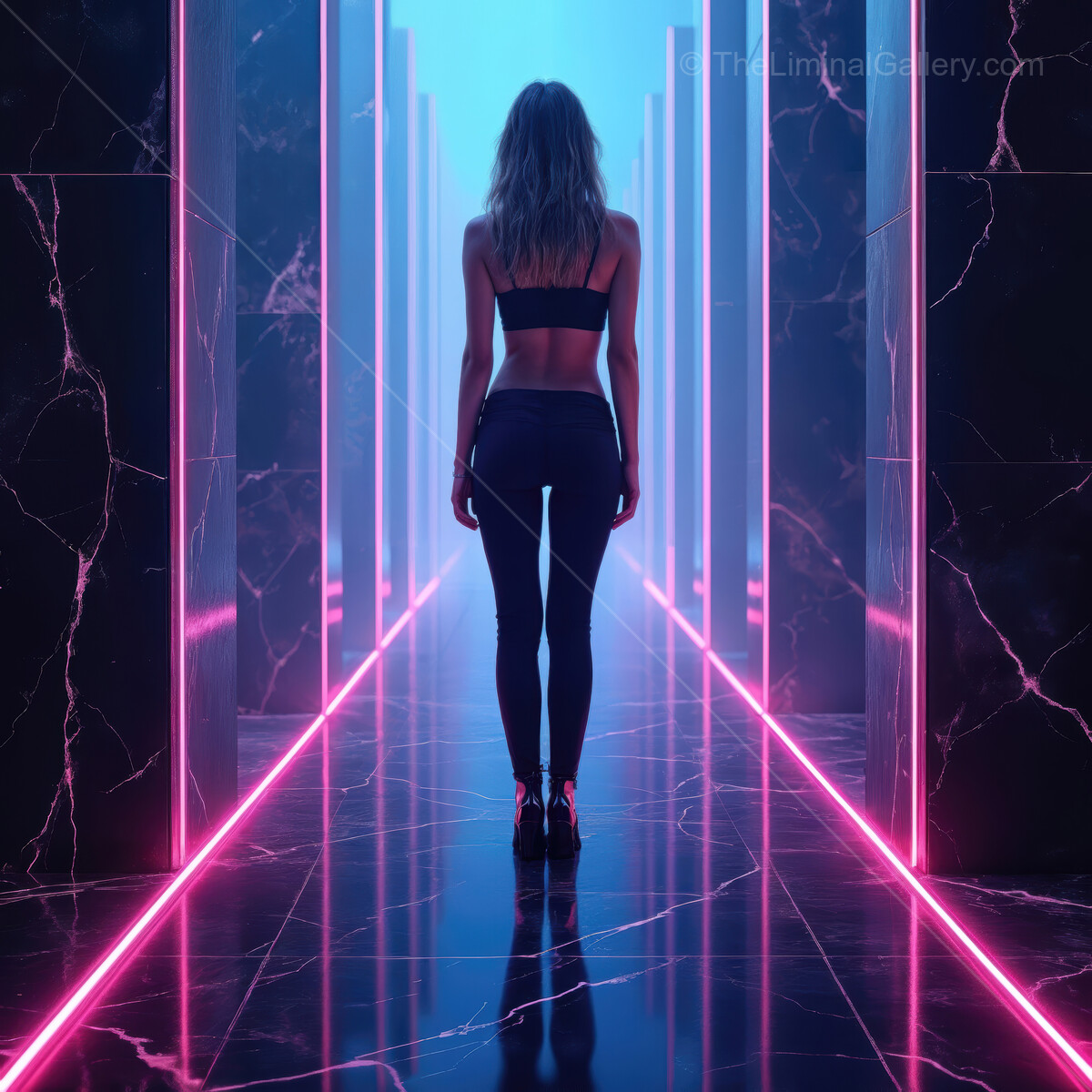 Sleek figure walks through a neon-lit corridor of vibrant colors and reflections