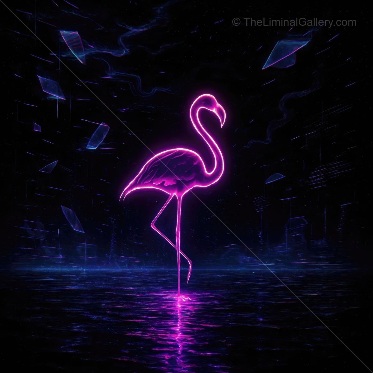 Flamingo in neon glow creating a surreal atmosphere in a dark, reflective environment