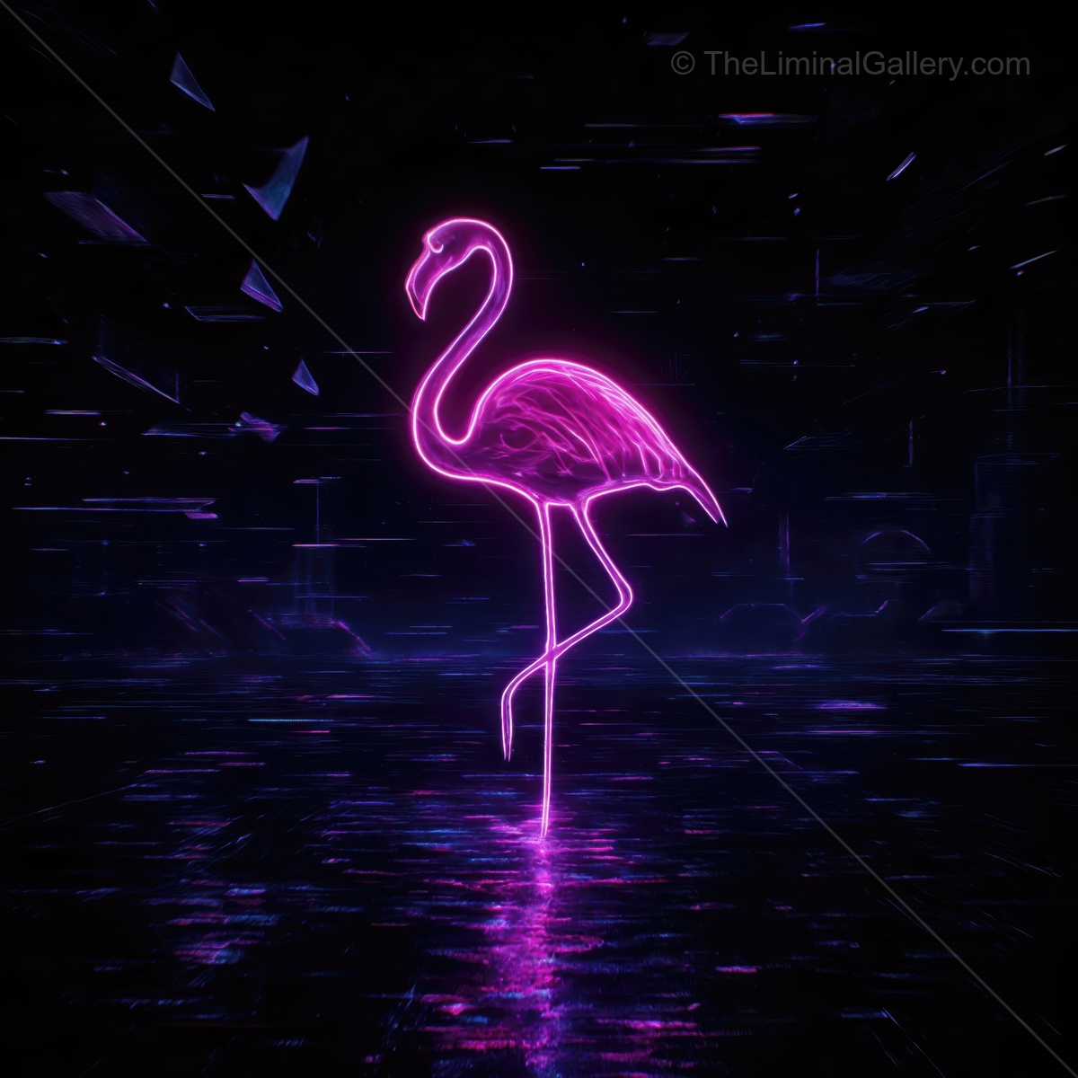 Vibrant neon flamingo standing in reflective water at night, illuminated by glowing lights and surrounded by a dark, mysterious atmosphere