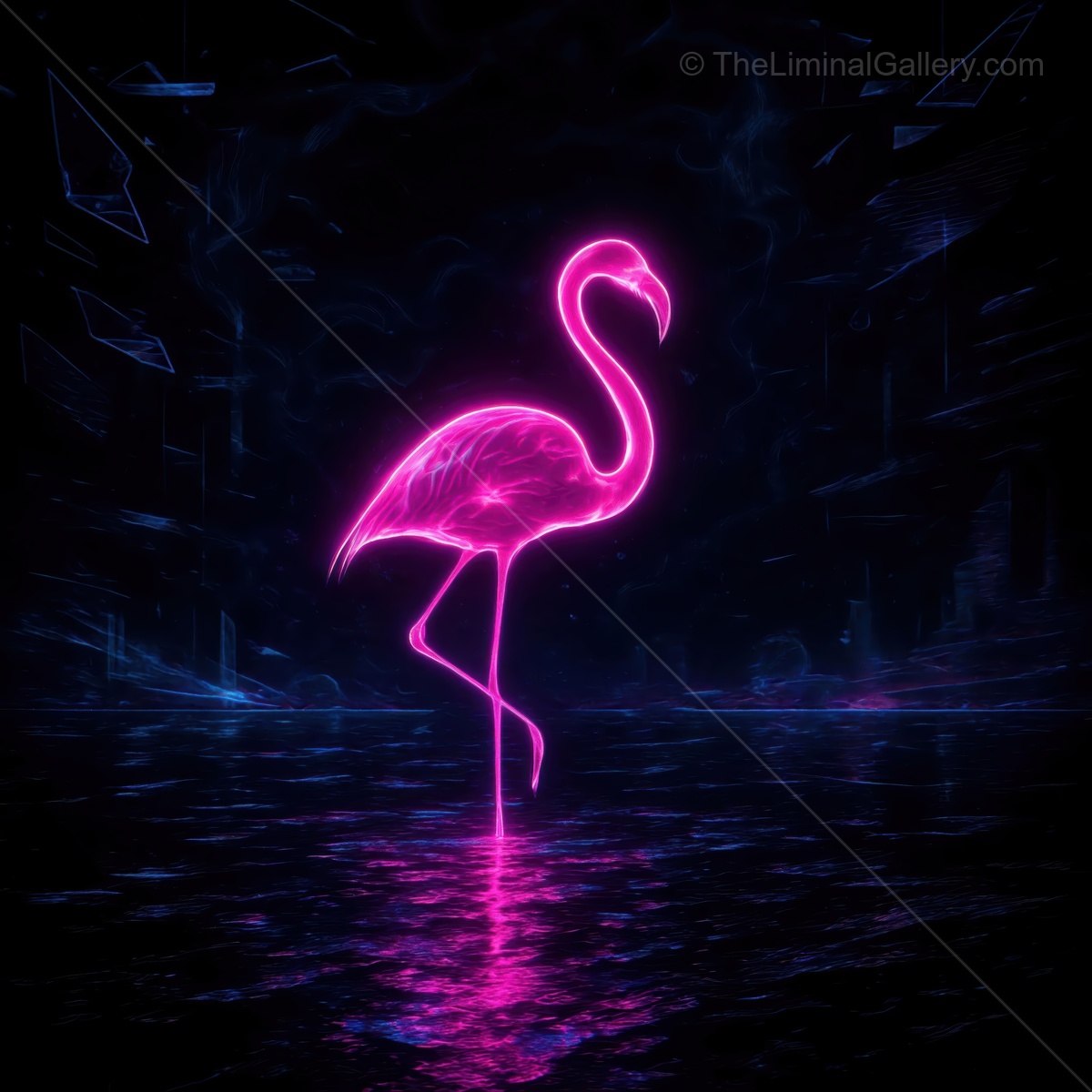 Neon flamingo stands gracefully in shimmering waters under a cosmic night sky