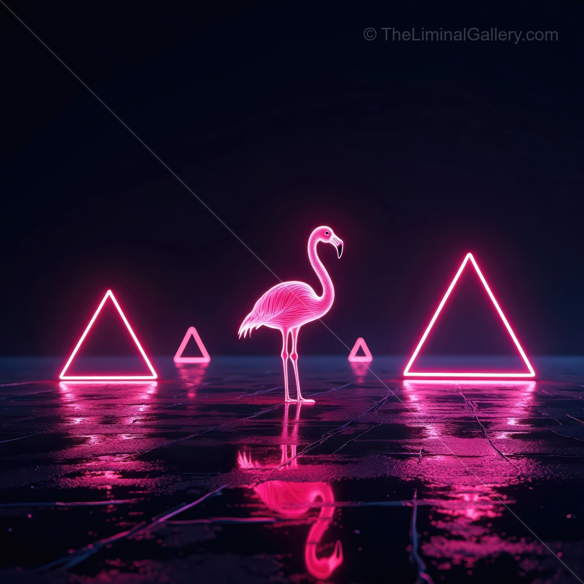 Neon flamingo stands tall amidst glowing geometric shapes in dark setting