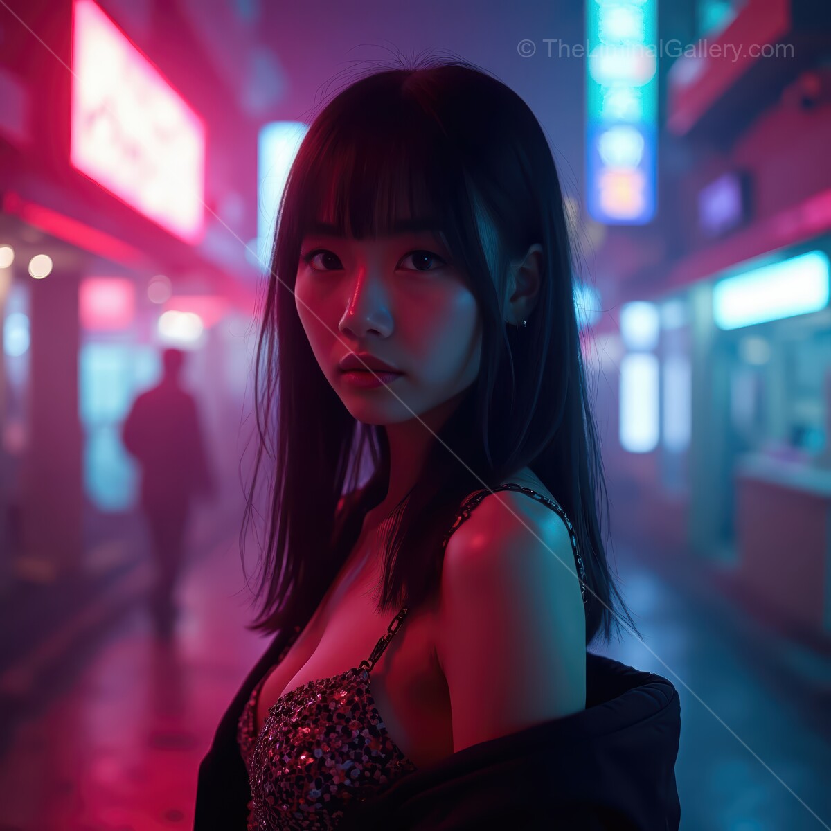 Mysterious woman in vibrant city alley with neon lights at night