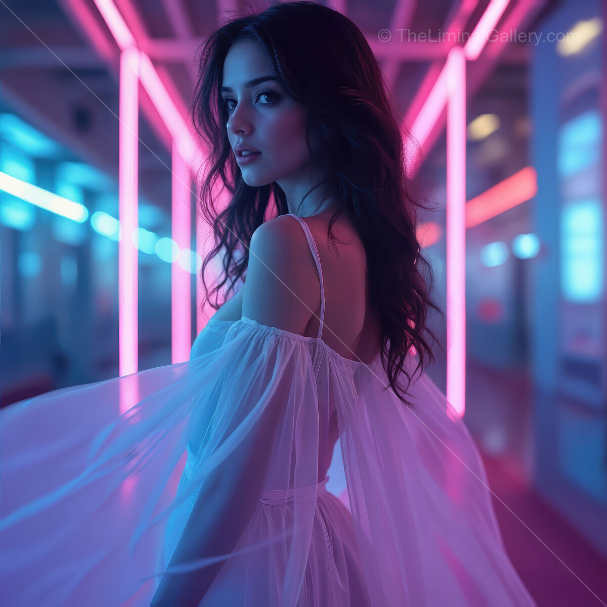 Enchanting woman in flowing gown illuminated by vibrant neon lights in a modern urban setting