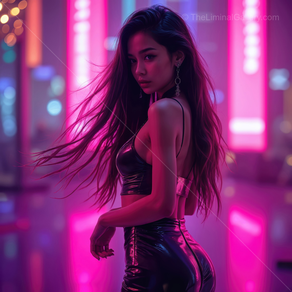 Striking pose amidst neon lights during a vibrant urban night in a reflective environment