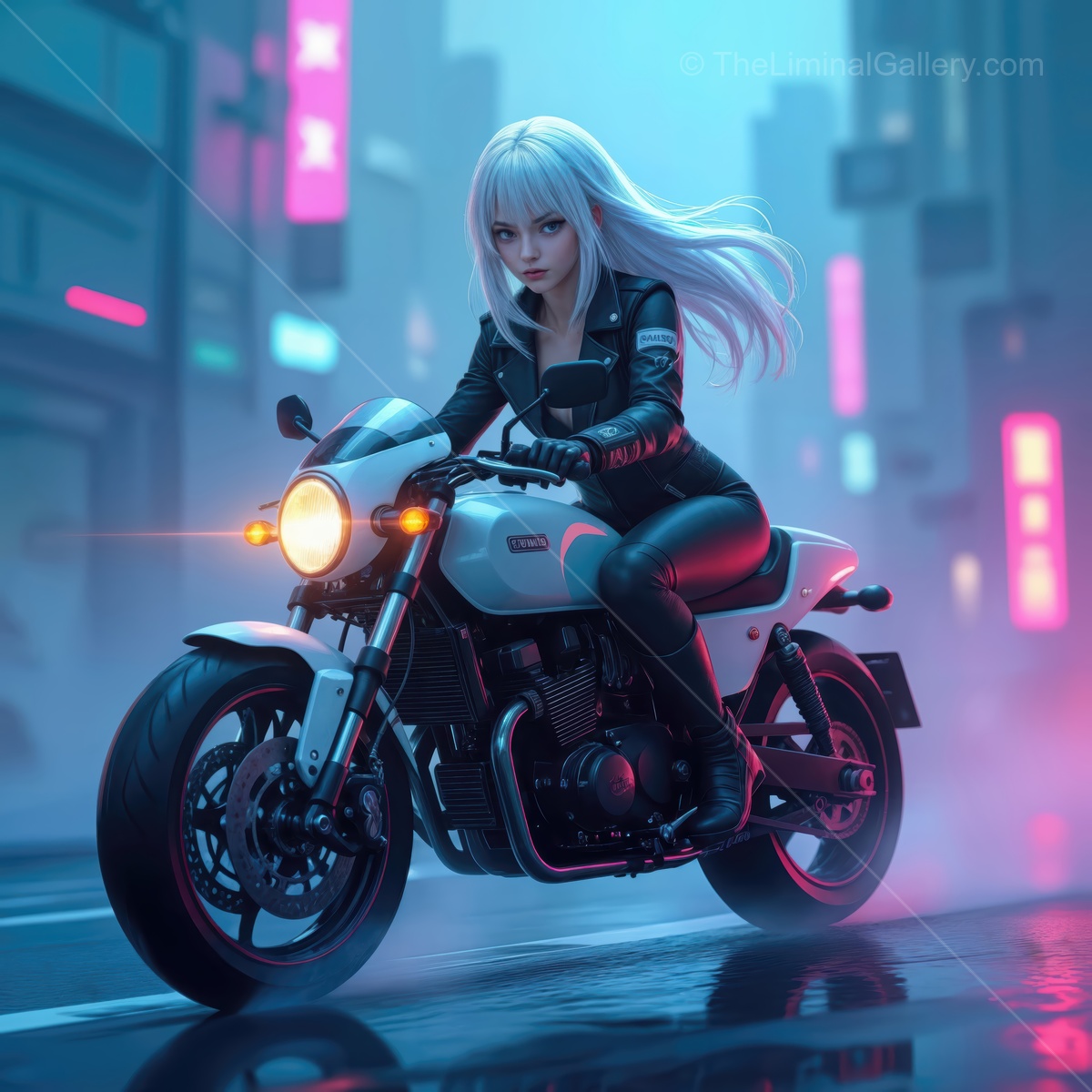 Rider in neon lights cruising through a futuristic cityscape at night
