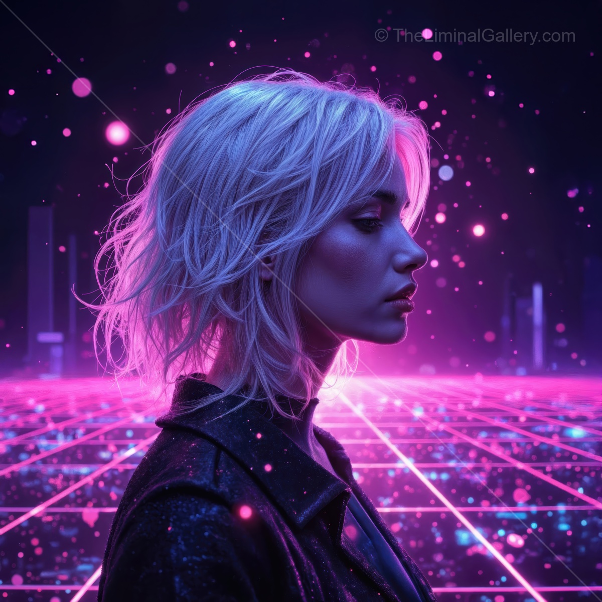 Vibrant neon lights illuminate a womans profile in a futuristic digital landscape at dusk