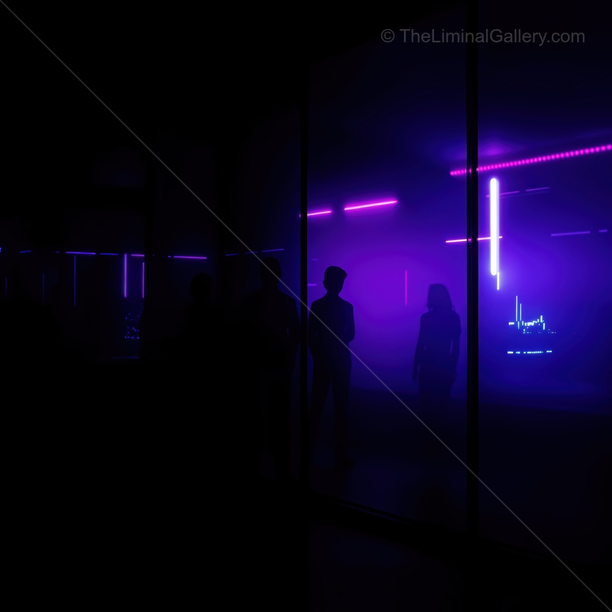 Neon silhouettes in a foggy space create a mysterious atmosphere during an evening gathering