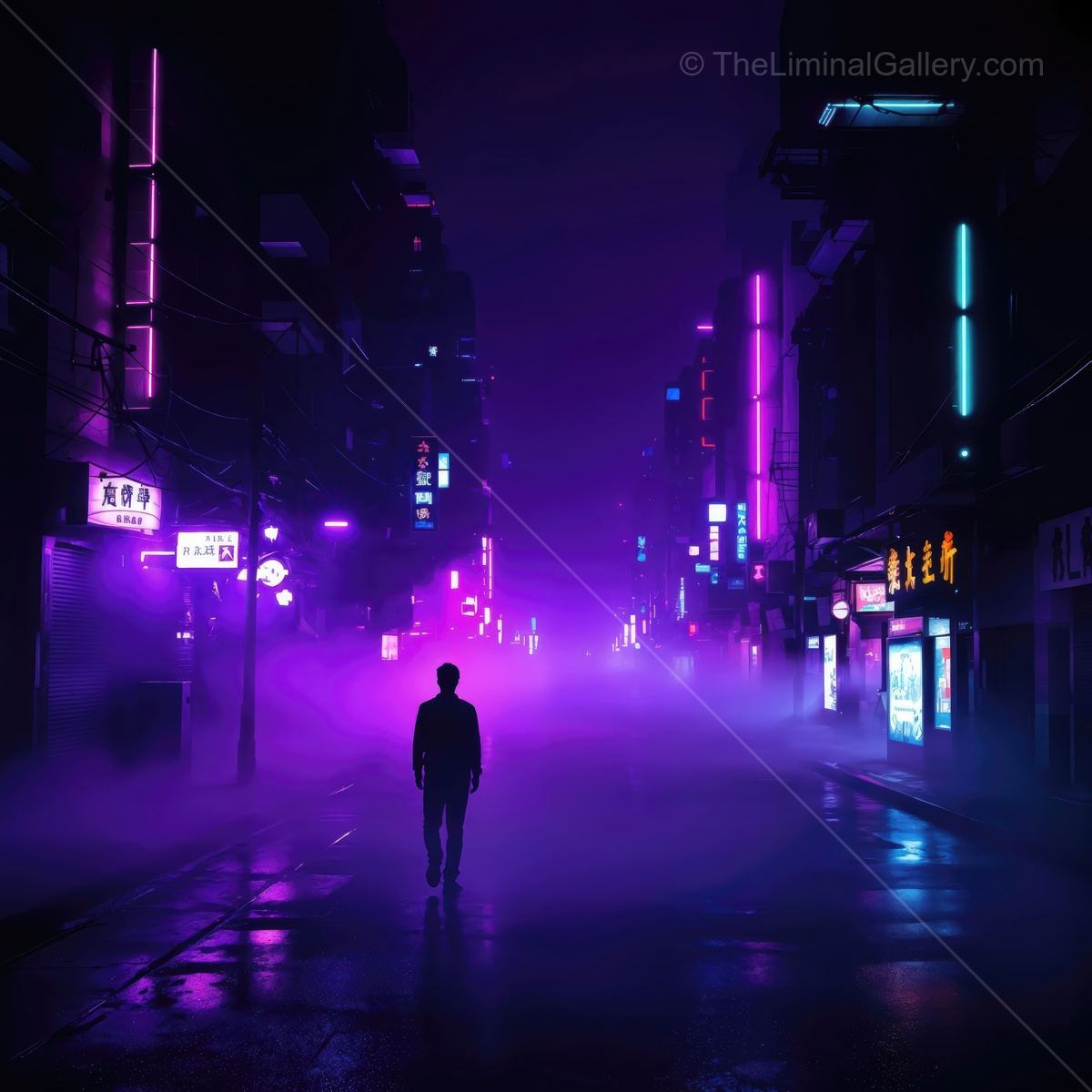 Vibrant neon lights illuminate a foggy street as a lone figure walks through the urban night