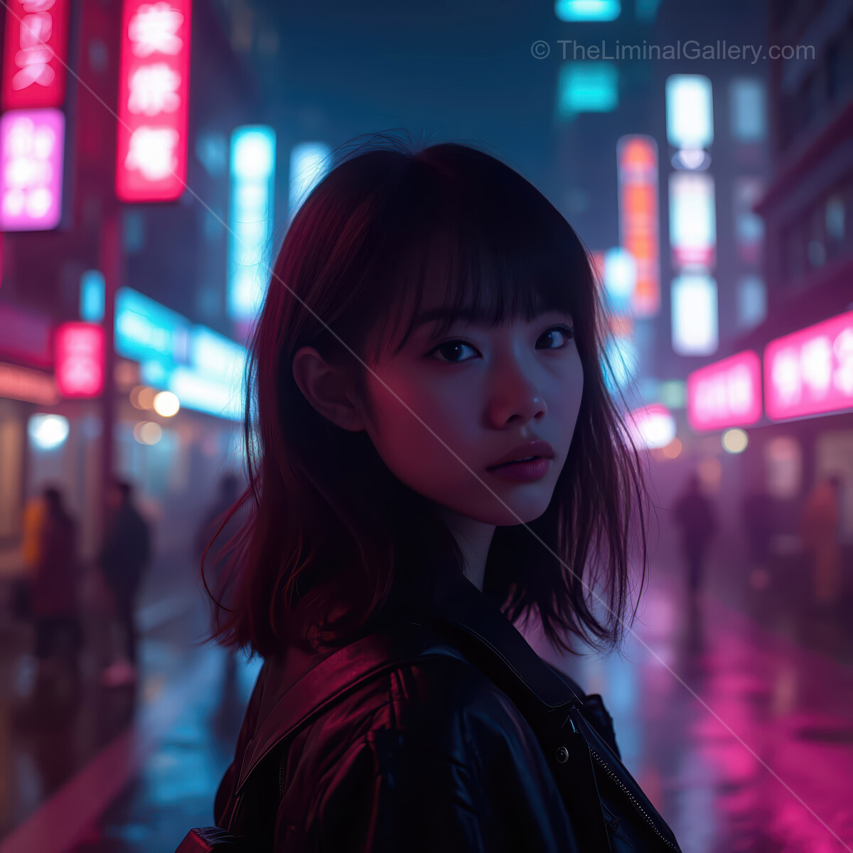 Enigmatic figure walking through neon-lit urban streets at twilight with a captivating aura