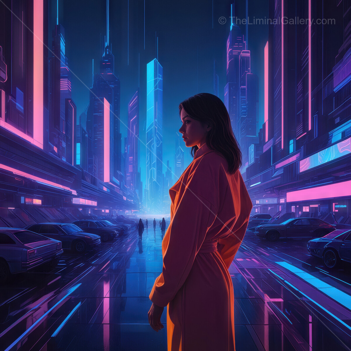 Futuristic cityscape at night with silhouetted figure in vibrant neon colors