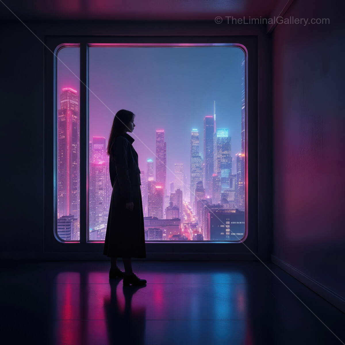 City skyline at night with neon lights and a silhouette of a woman in a modern interior