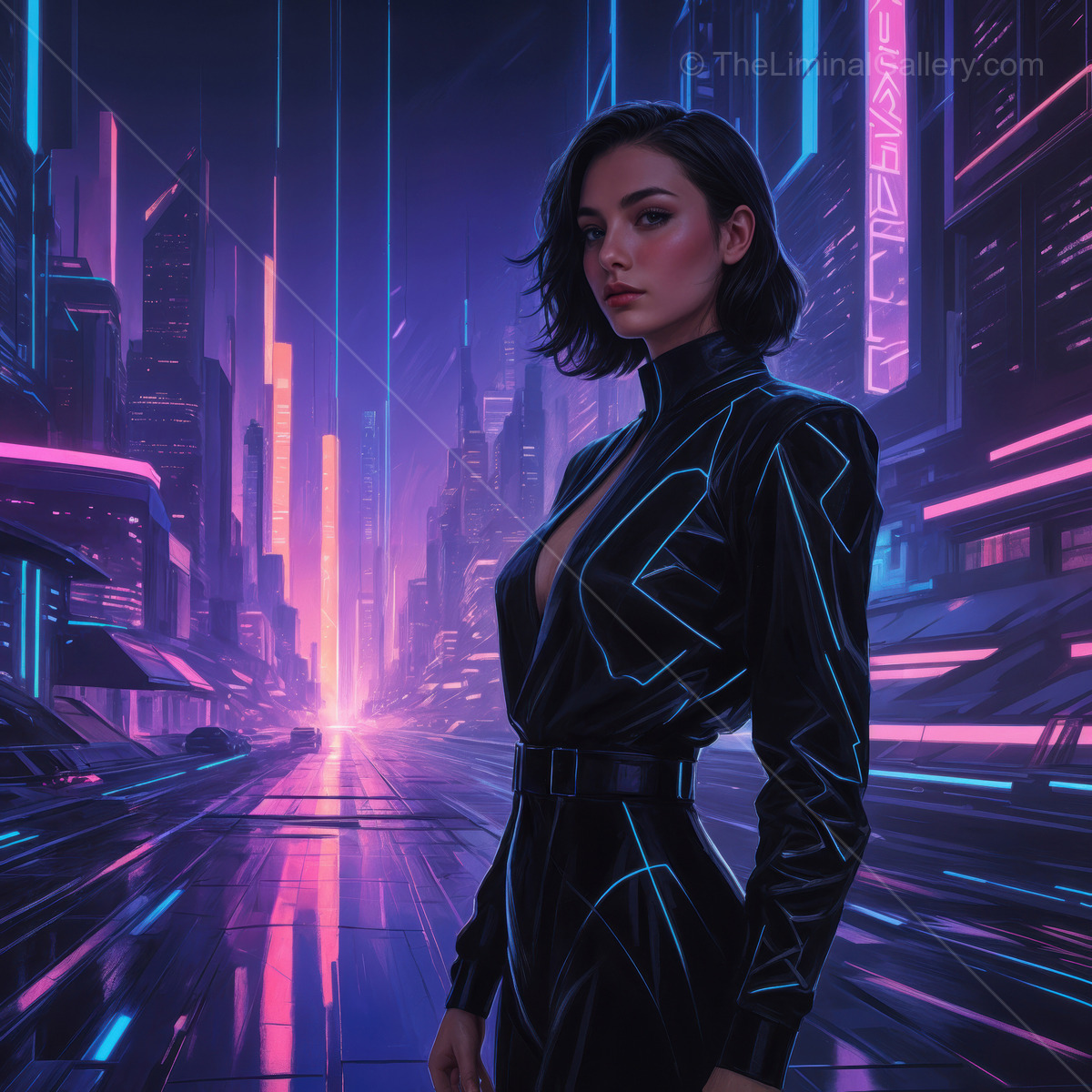Futuristic cityscape with a stylish woman illuminated by neon lights at dusk