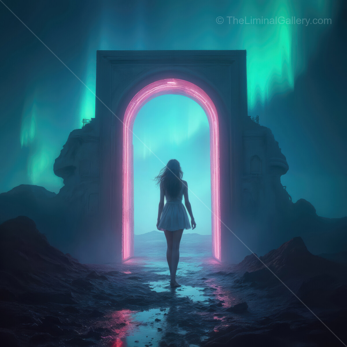 Exploring a mystical portal under the enchanting northern lights at midnight