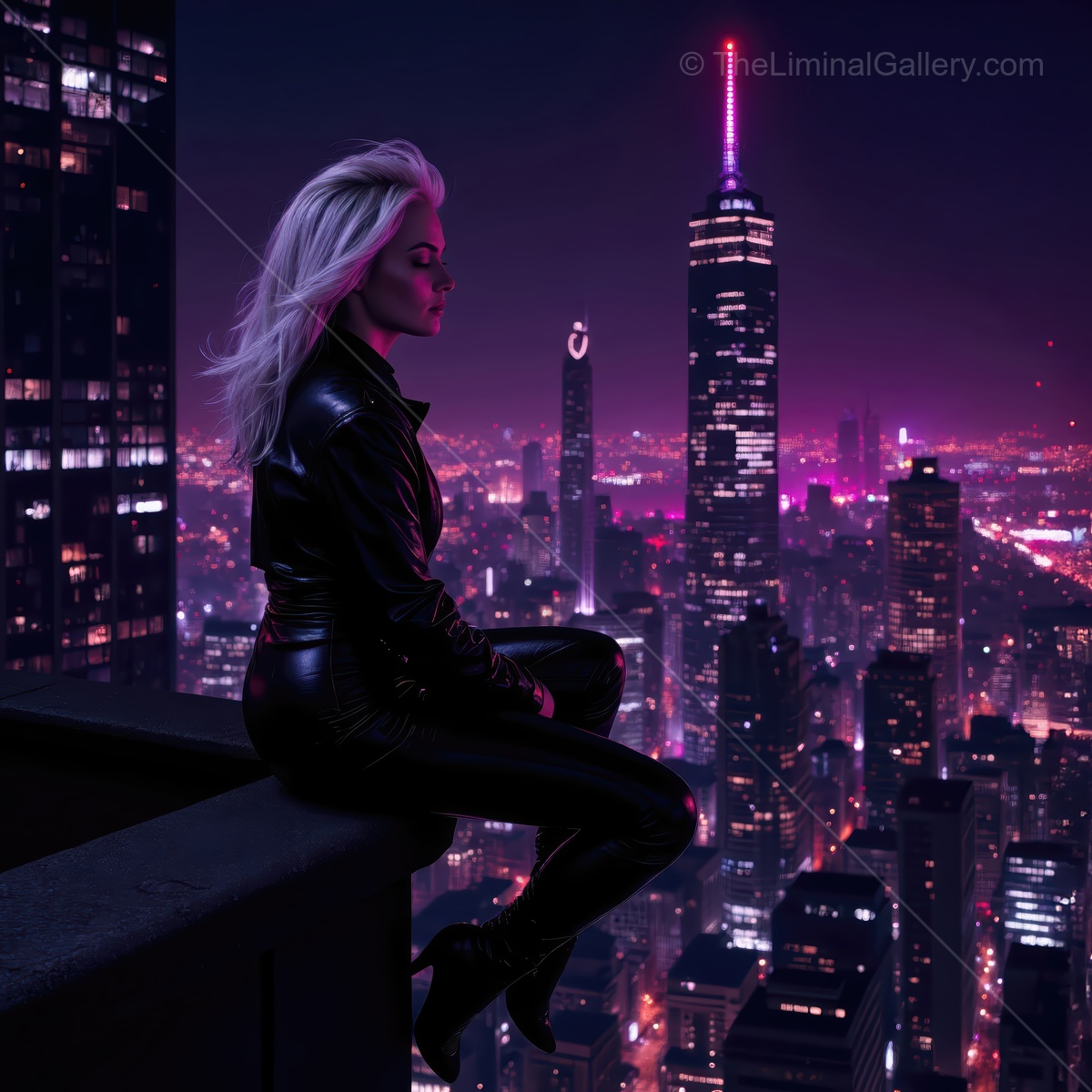 City skyline adventure at night with a stylish figure overlooking vibrant lights