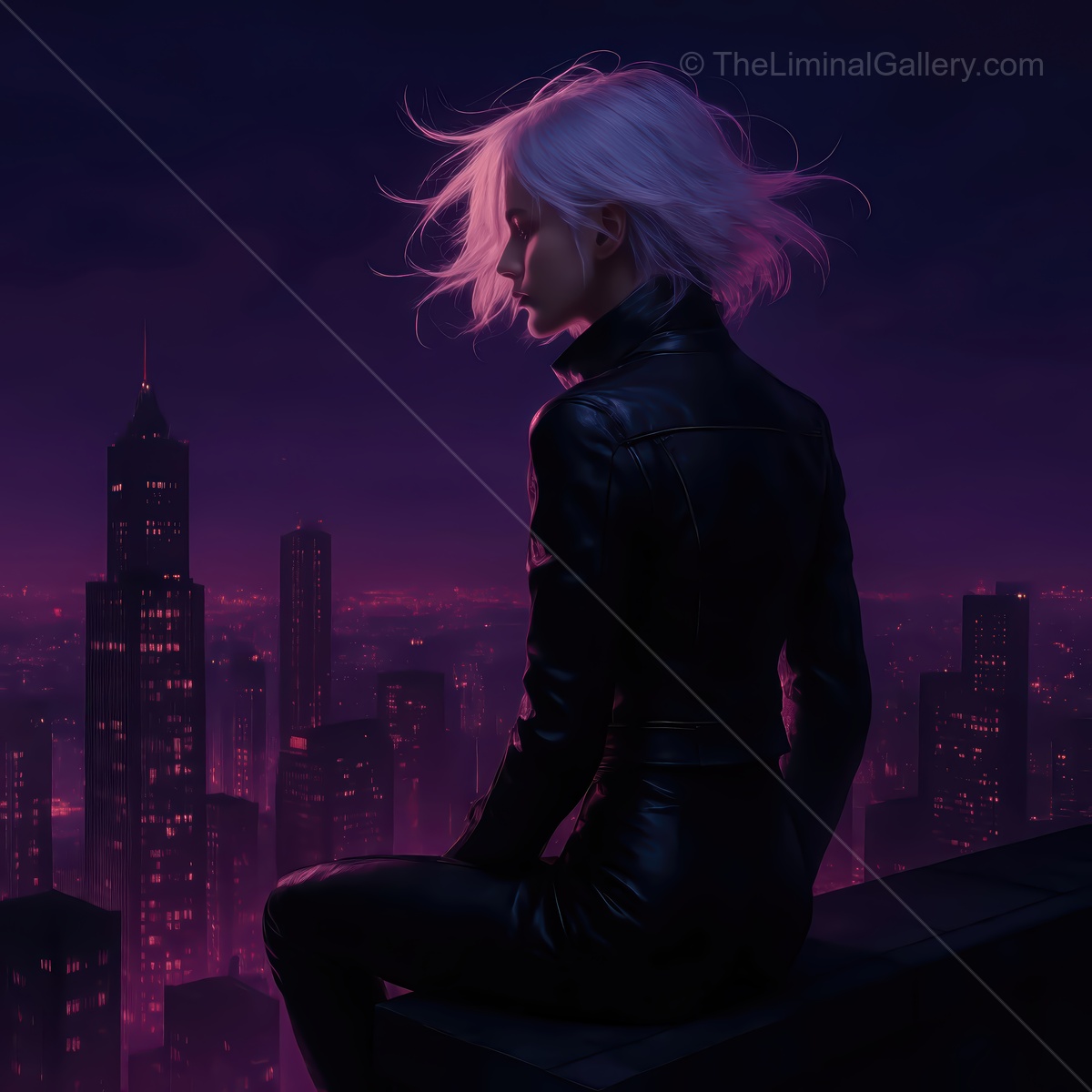 Captivating scene of a lone figure overlooking a vibrant city skyline at night