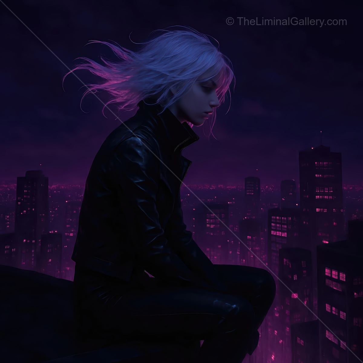 Mysterious figure gazes over a neon cityscape at night with vibrant hues