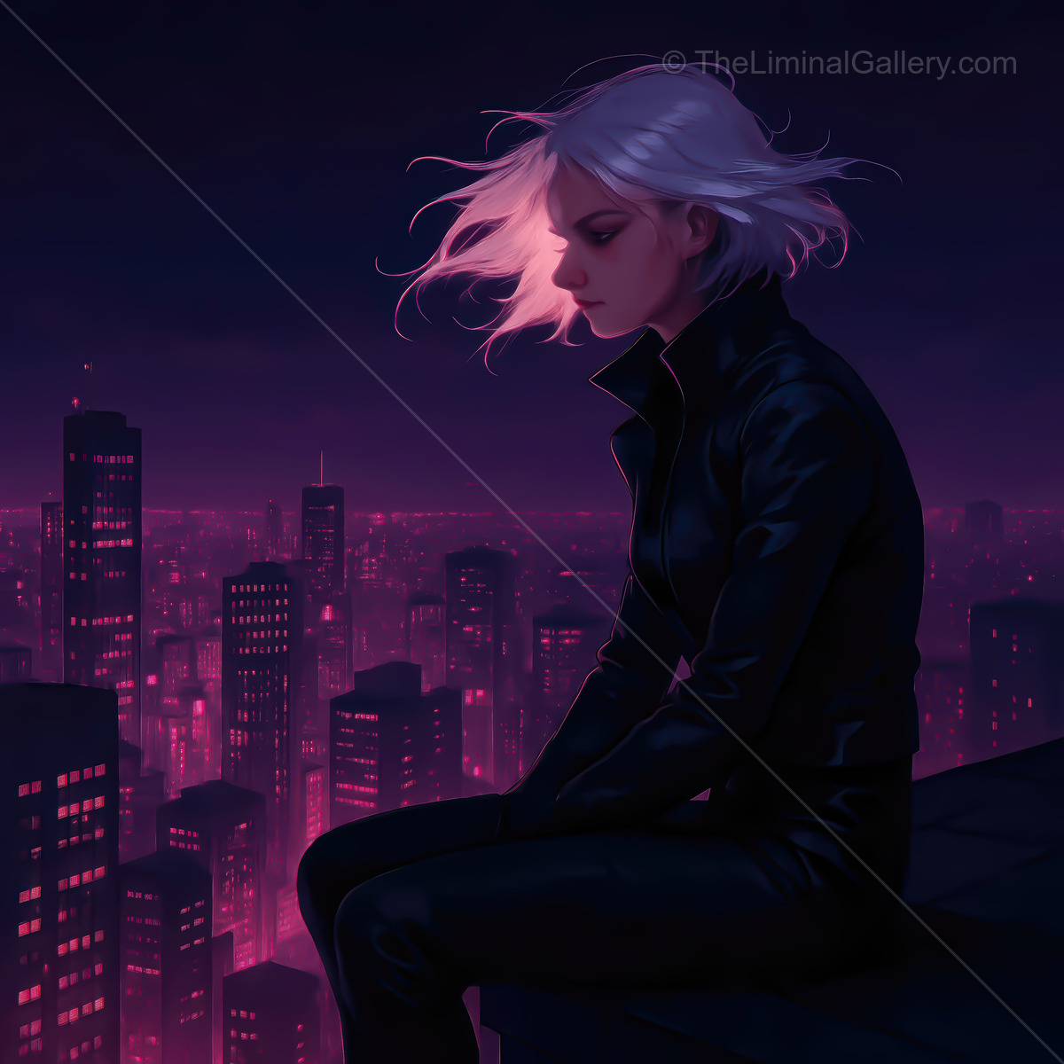 Cityscape at night featuring a lone figure lost in thought, surrounded by glowing buildings and vibrant colors