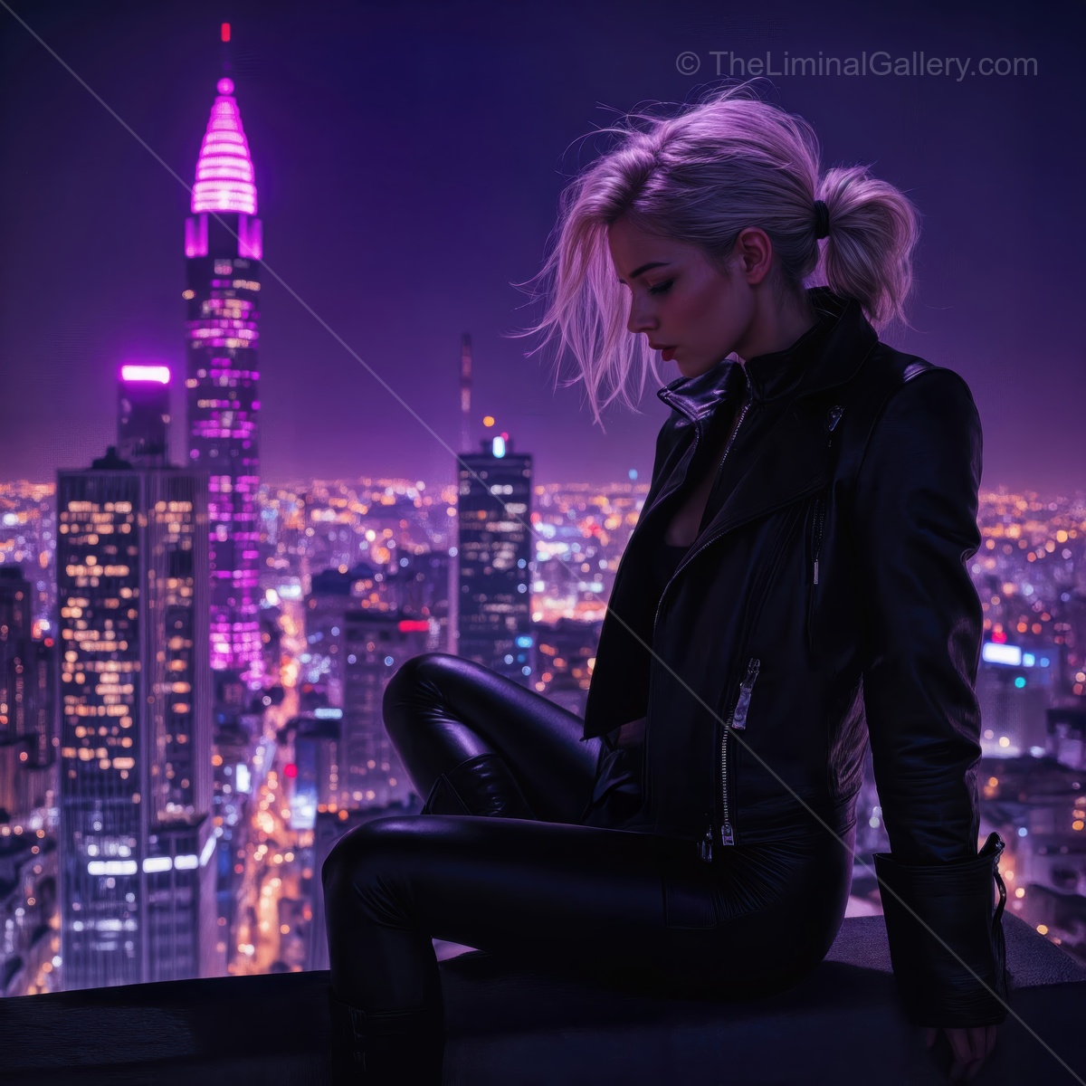 Captivating night scene with a woman overlooking a vibrant city skyline from a rooftop
