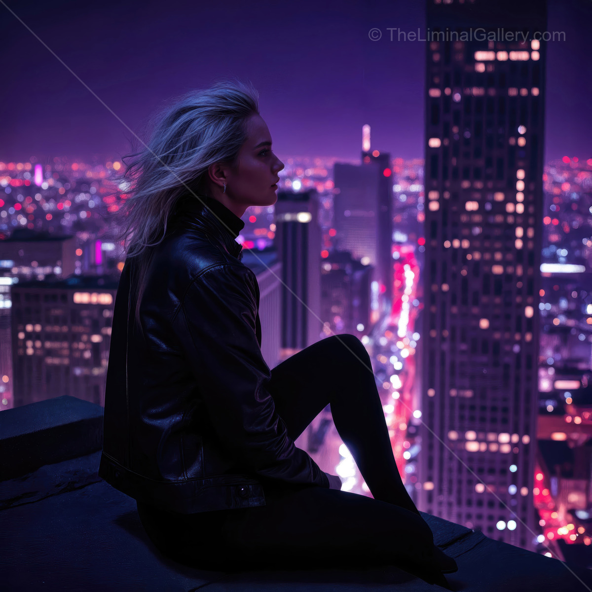 Woman sitting on a rooftop at night, overlooking a vibrant cityscape filled with lights and skyscrapers